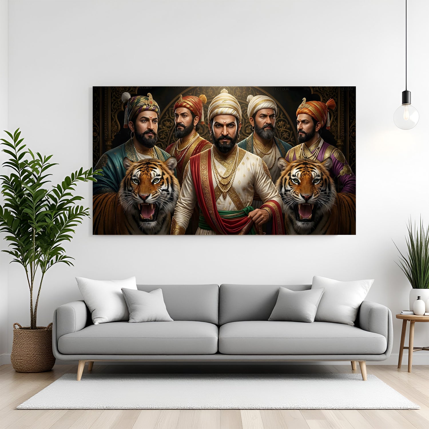Chhatrapati Shivaji Maharaj and Maratha warriors canvas wall art with majestic tigers in premium canvas wrapped frame