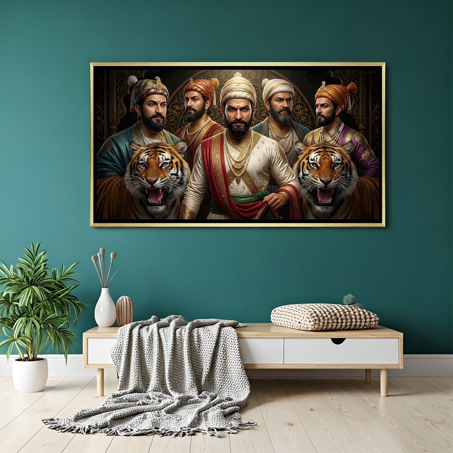Chhatrapati Shivaji Maharaj artwork in luxury golden floater frame with Maratha warriors and tiger imagery