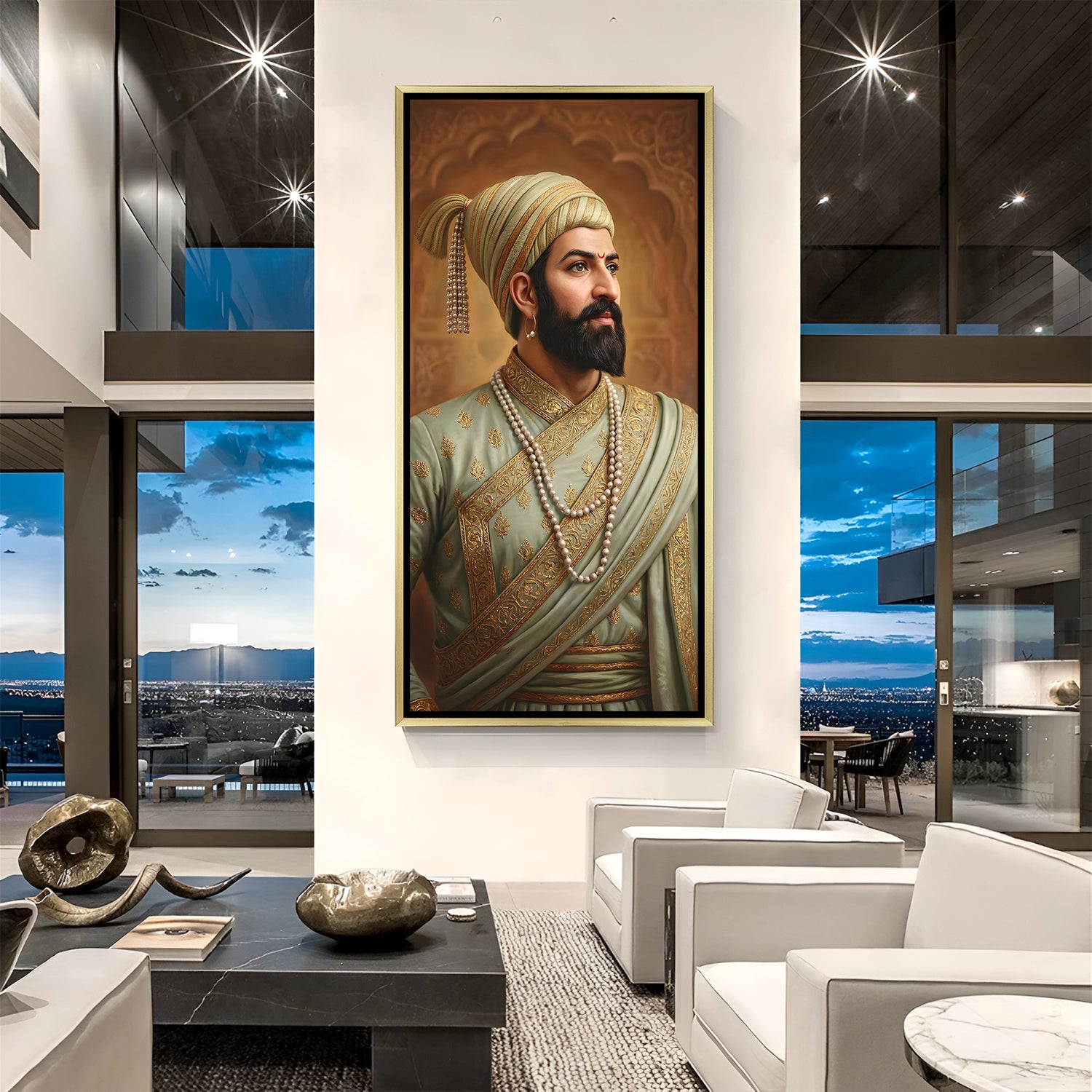 Chhatrapati Shivaji Maharaj artwork in luxury golden floater frame showcasing royal Maratha heritage
