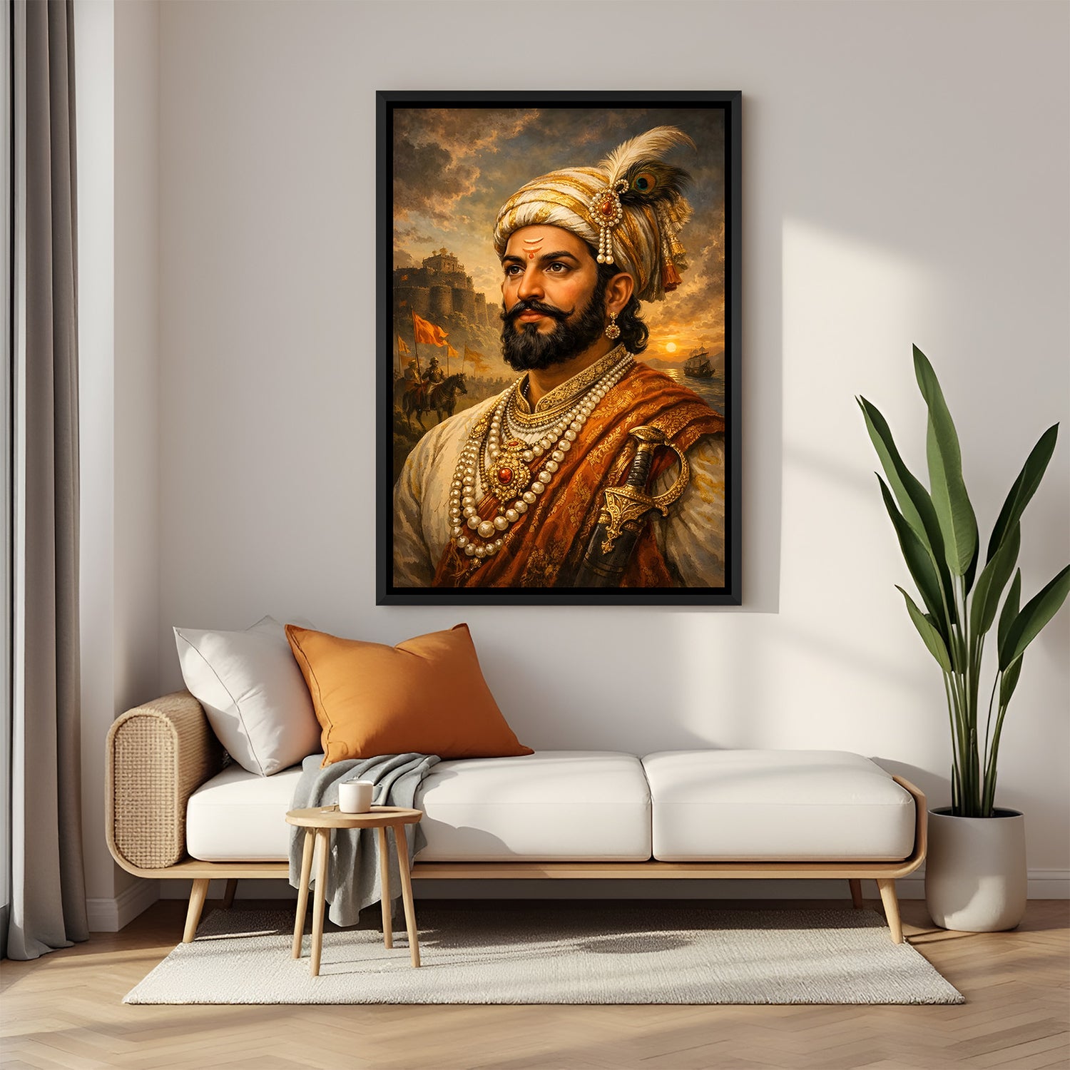 Chhatrapati Shivaji Maharaj wall art with river and castle backdrop in elegant black floater frame