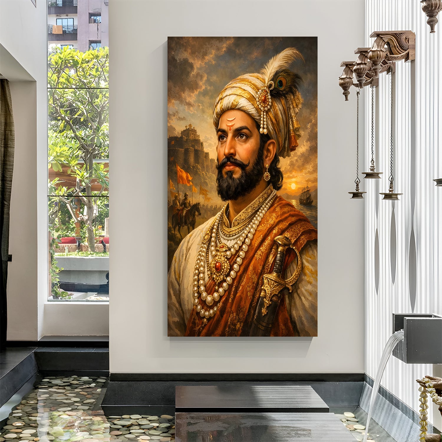 Chhatrapati Shivaji Maharaj riverside castle canvas wall art with flowing river and majestic fort in premium canvas wrapped frame