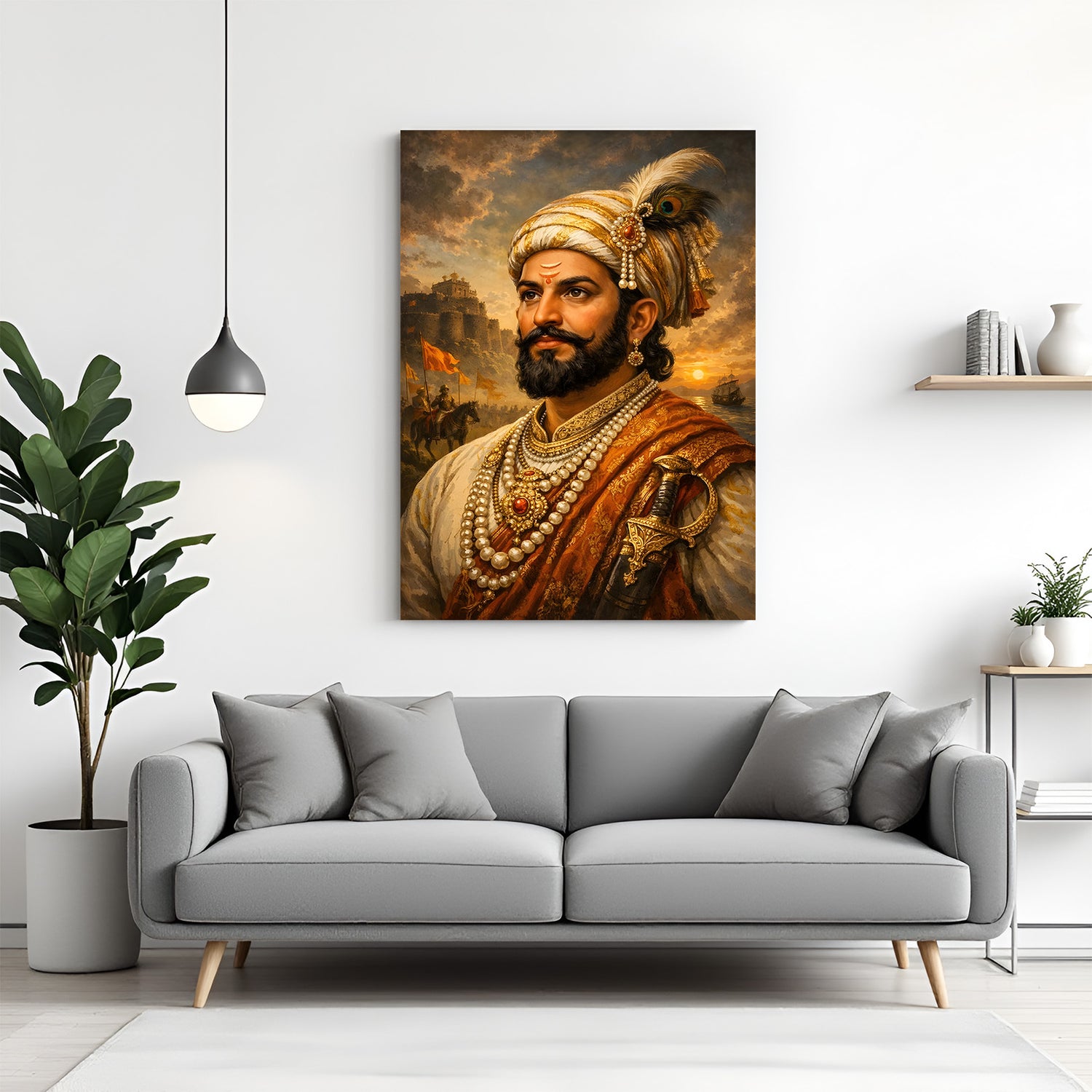 Chhatrapati Shivaji Maharaj riverside castle canvas wall art with flowing river and majestic fort in premium canvas wrapped frame