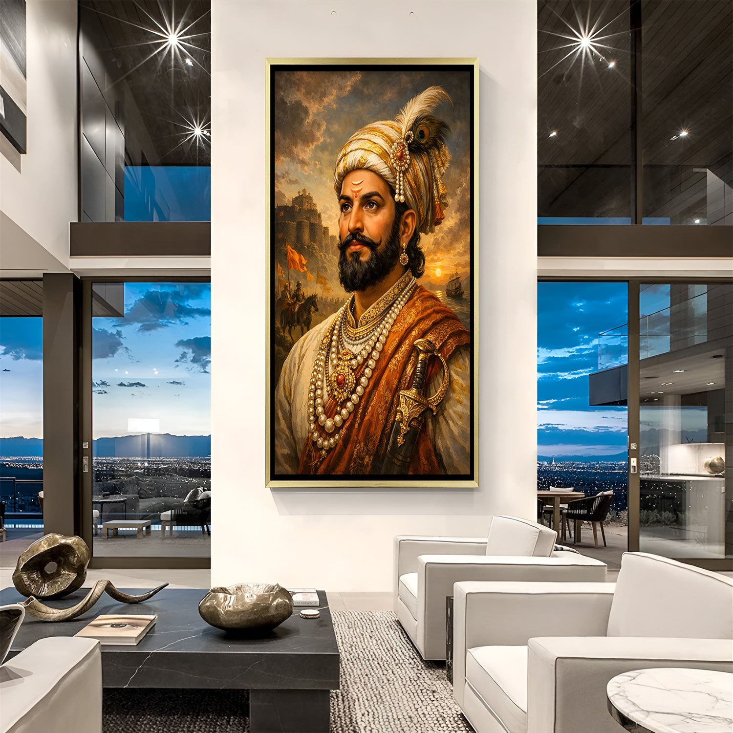 Chhatrapati Shivaji Maharaj artwork featuring a river and historic castle in luxury golden floater frame