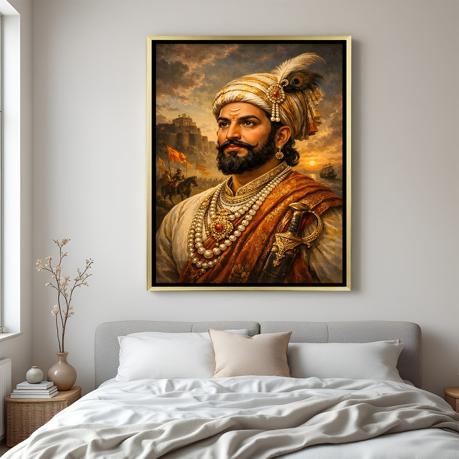 Chhatrapati Shivaji Maharaj artwork featuring a river and historic castle in luxury golden floater frame