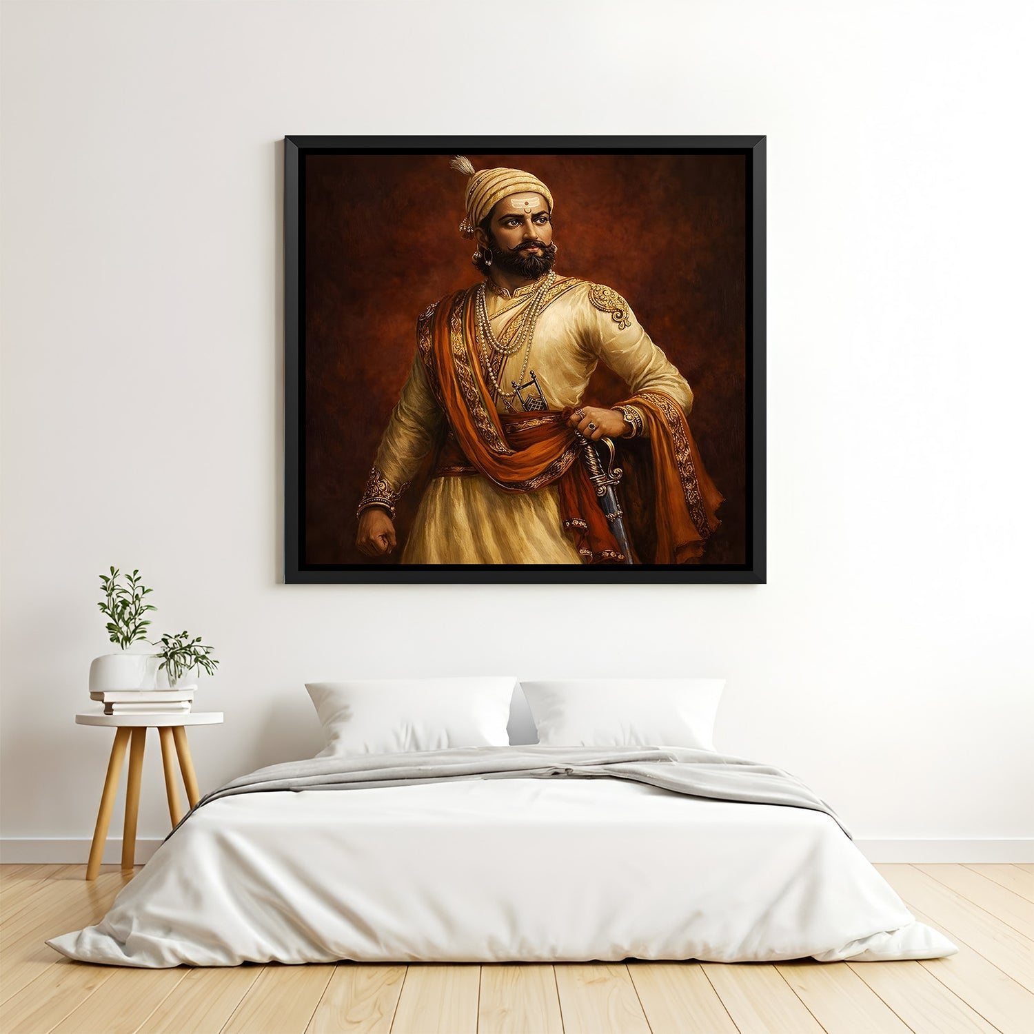 Chhatrapati Shivaji Maharaj royal wall painting in elegant black floater frame with regal traditional attire