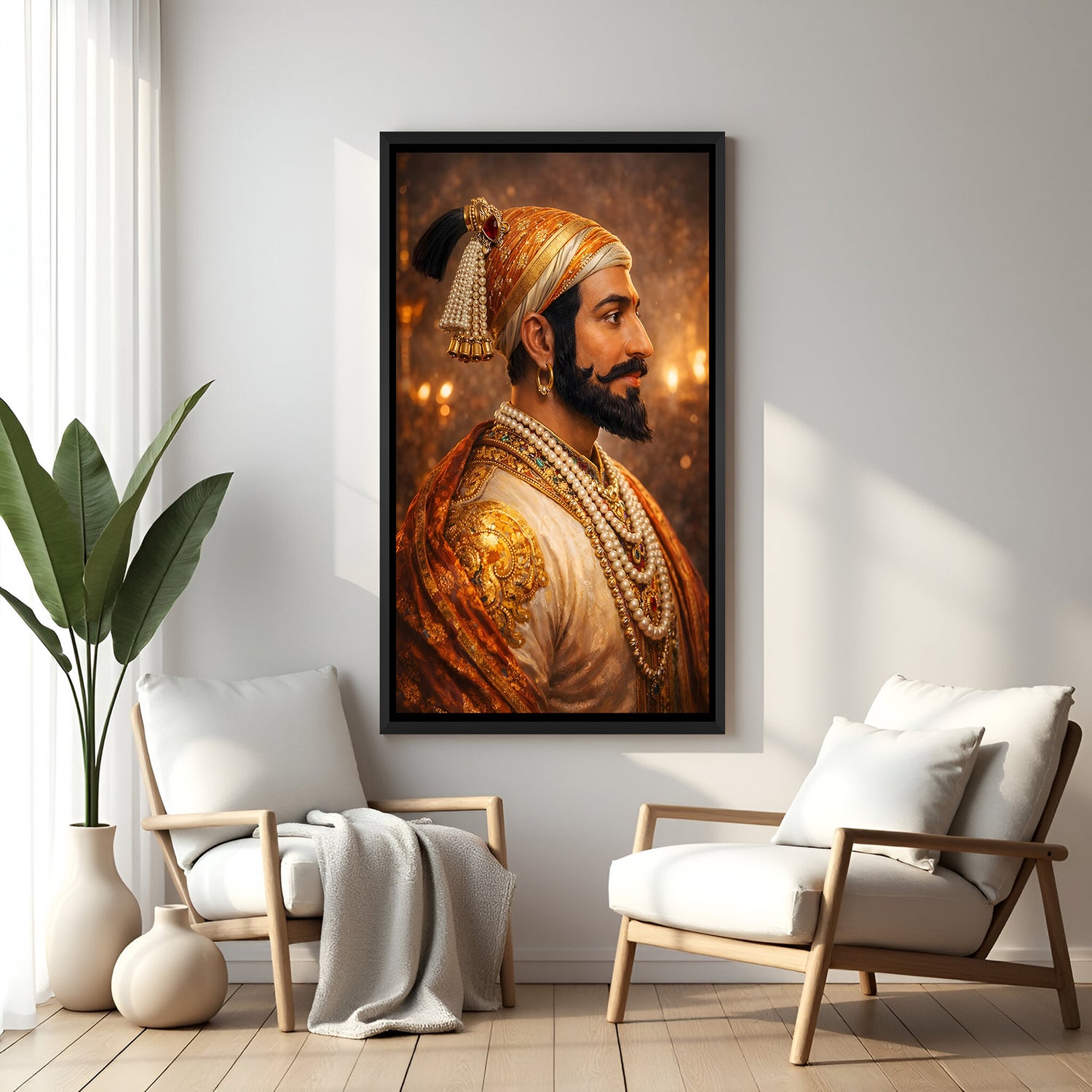 Chhatrapati Shivaji Maharaj side profile wall painting in elegant black floater frame with royal attire