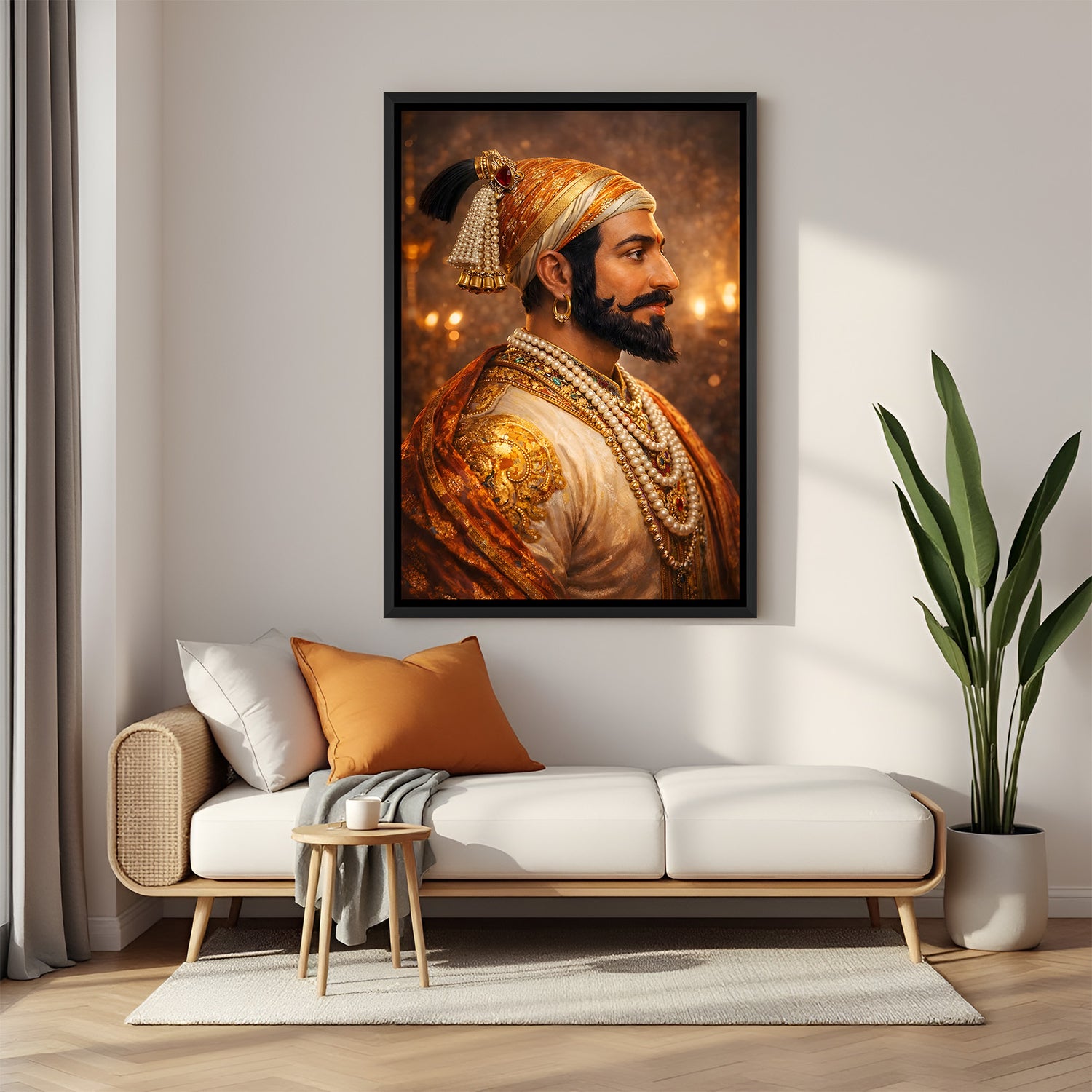 Chhatrapati Shivaji Maharaj side profile wall painting in elegant black floater frame with royal attire