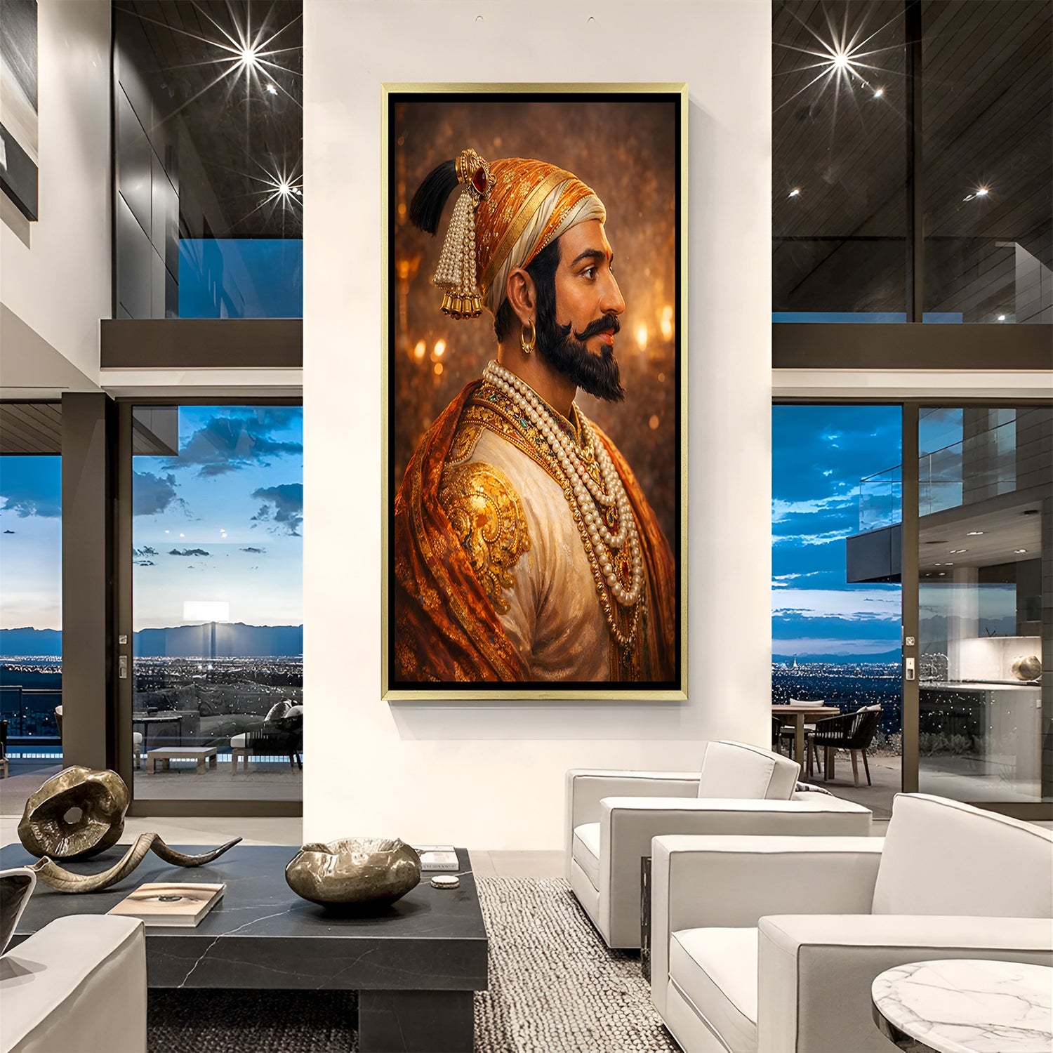 Chhatrapati Shivaji Maharaj artwork in luxury golden floater frame featuring a majestic side profile portrait