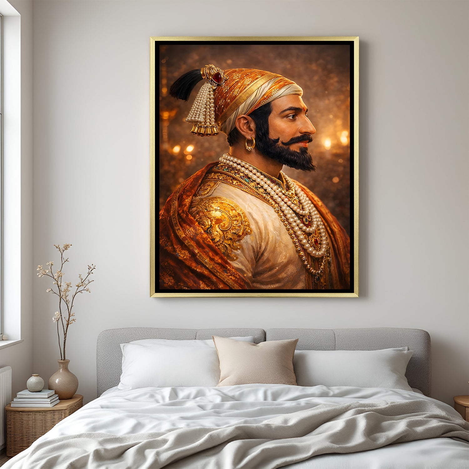 Chhatrapati Shivaji Maharaj artwork in luxury golden floater frame featuring a majestic side profile portrait