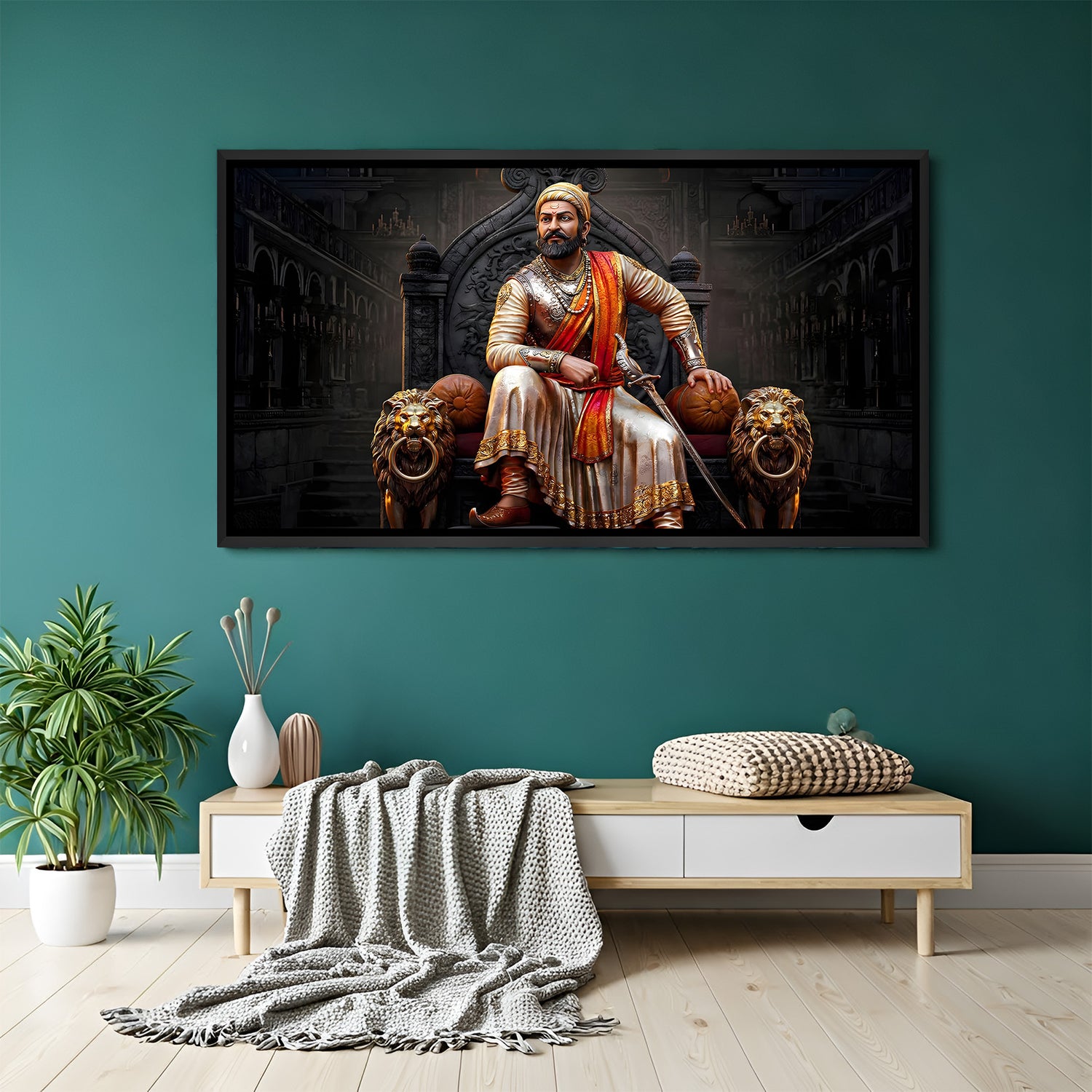 Chhatrapati Shivaji Maharaj wall painting in elegant black floater frame featuring royal throne and lion sculptures