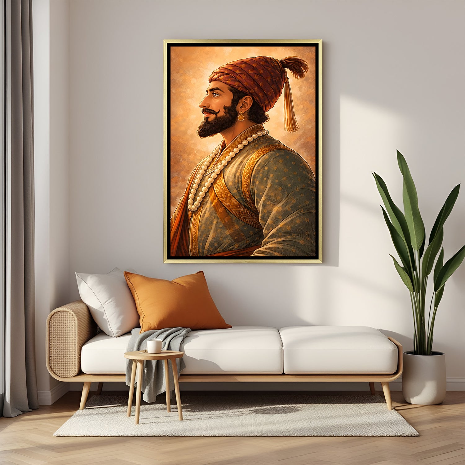 Chhatrapati Shivaji Maharaj side pose artwork in luxury golden floater frame featuring royal Maratha heritage