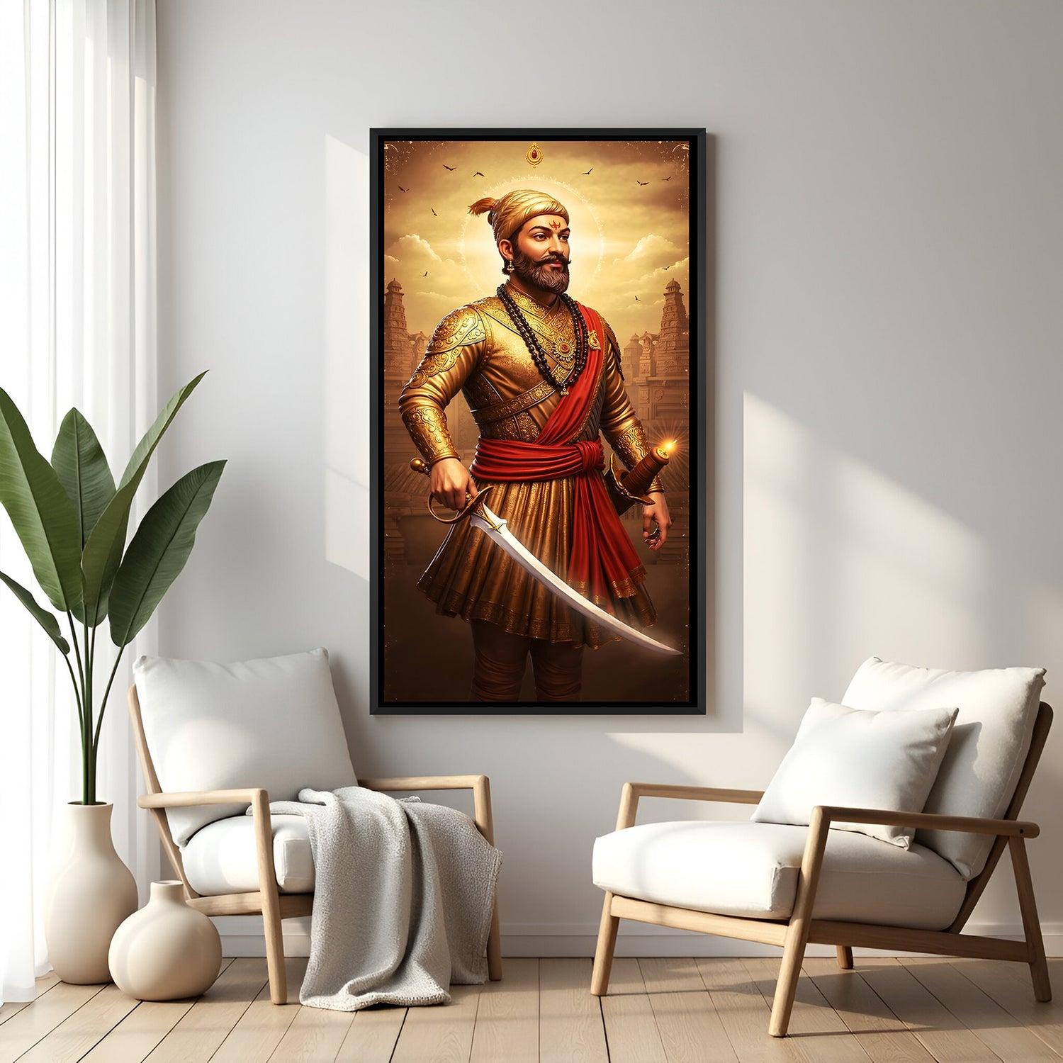 Chhatrapati Shivaji Maharaj standing with sword wall painting in elegant black floater frame