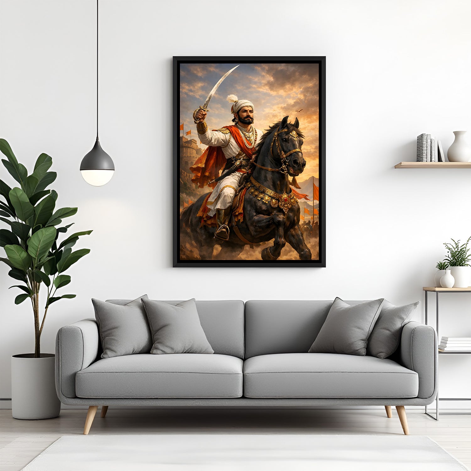 Chhatrapati Shivaji Maharaj on horseback holding a sword during battle in elegant black floater frame