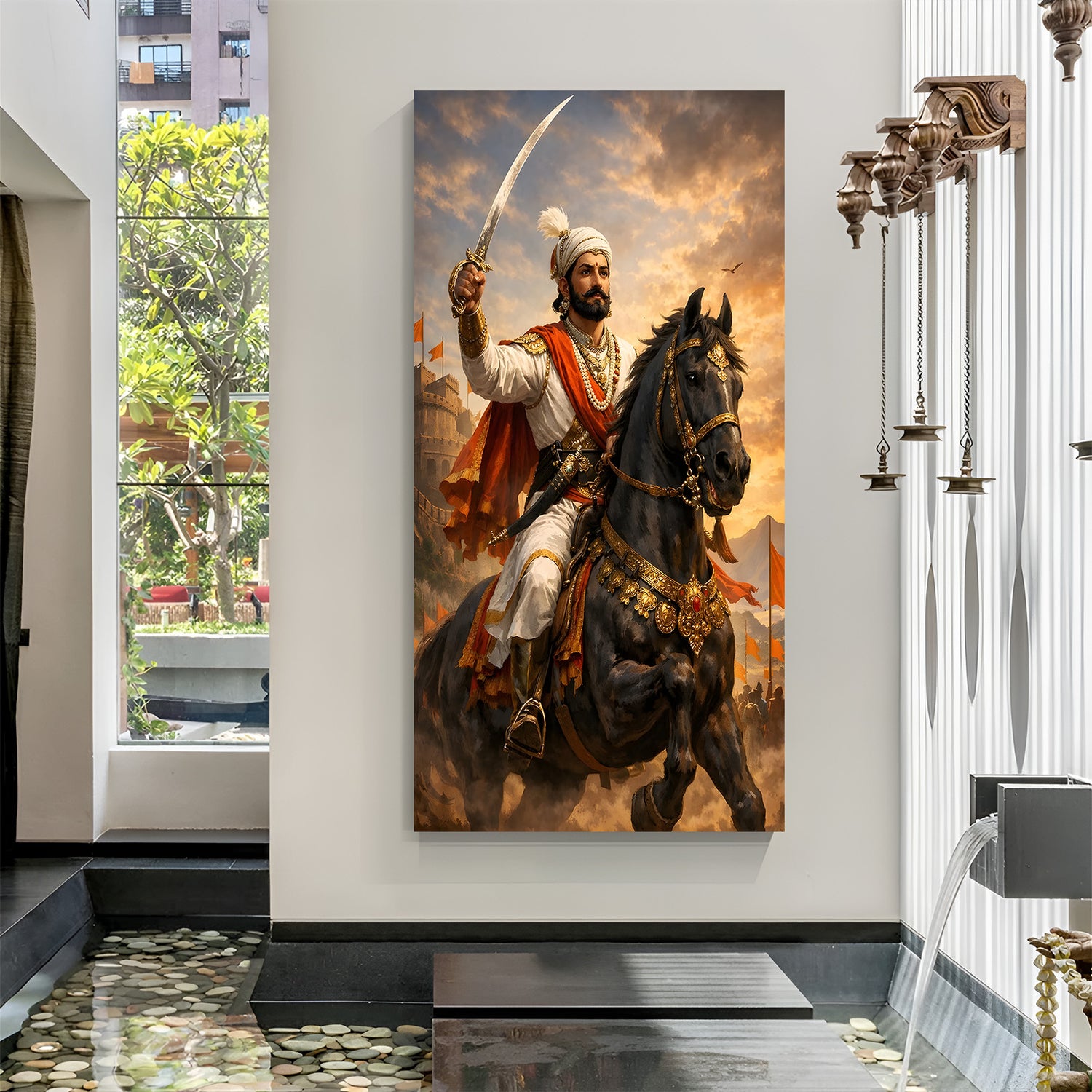 Chhatrapati Shivaji Maharaj riding a horse in battle while holding a sword canvas wall art in premium canvas wrapped frame