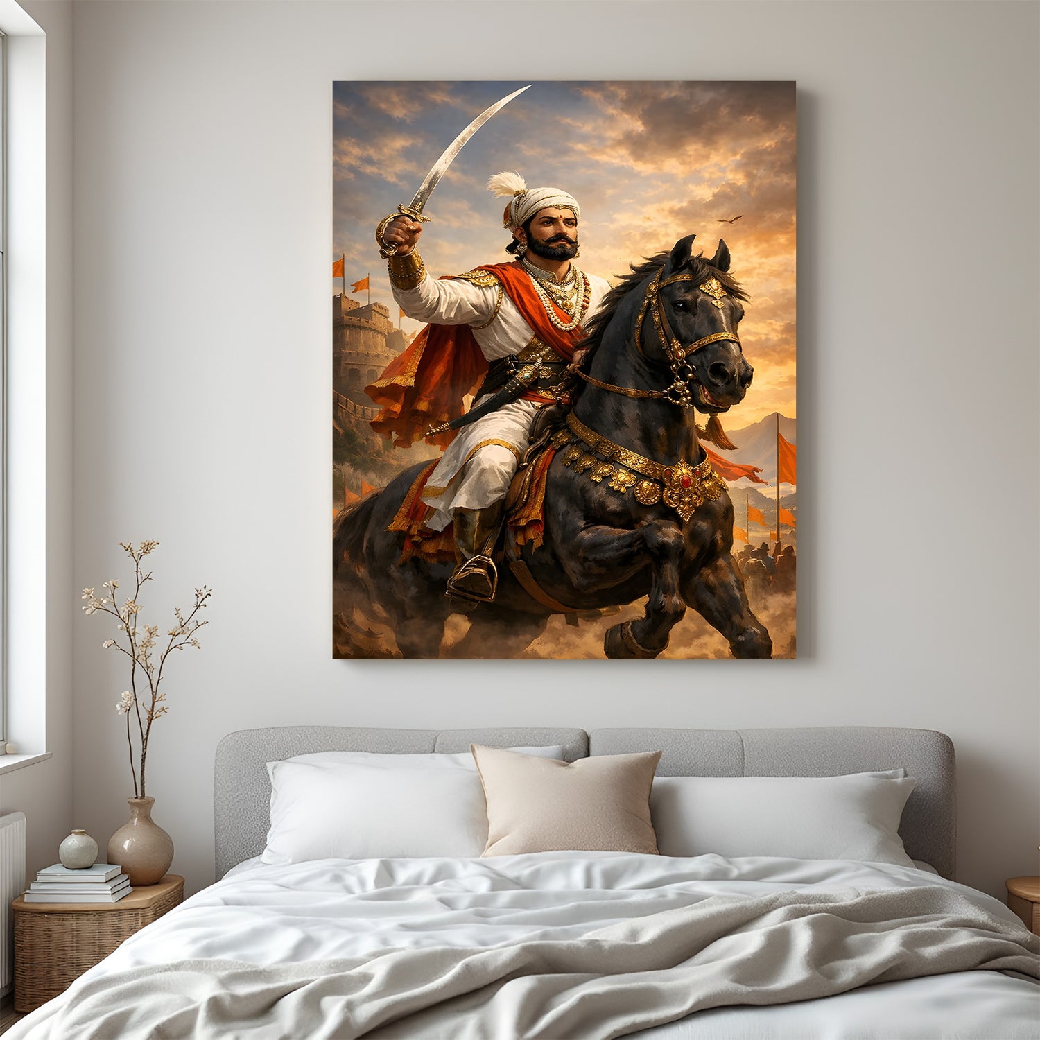 Chhatrapati Shivaji Maharaj riding a horse in battle while holding a sword canvas wall art in premium canvas wrapped frame