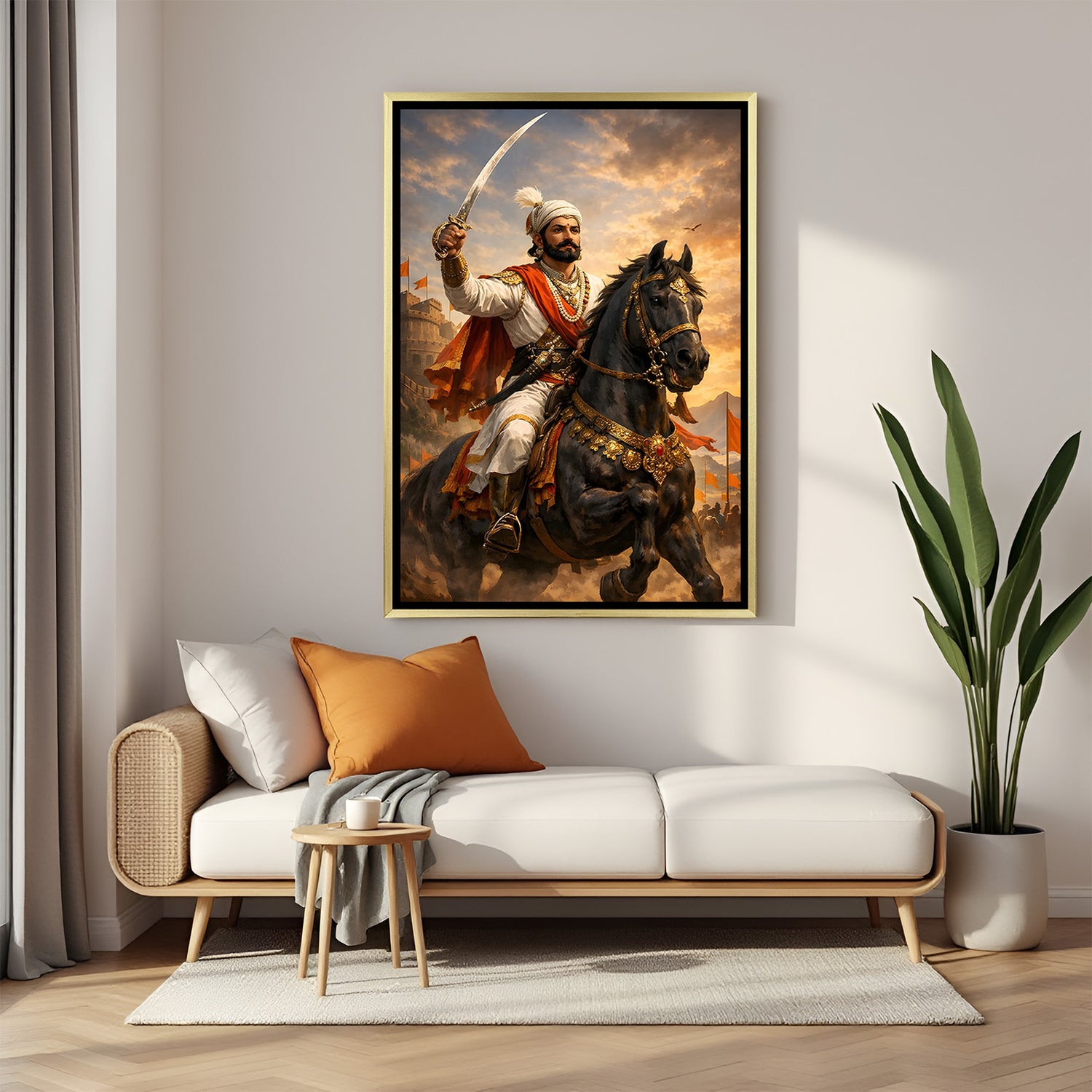 Chhatrapati Shivaji Maharaj battlefield artwork on horseback with sword in luxury golden floater frame