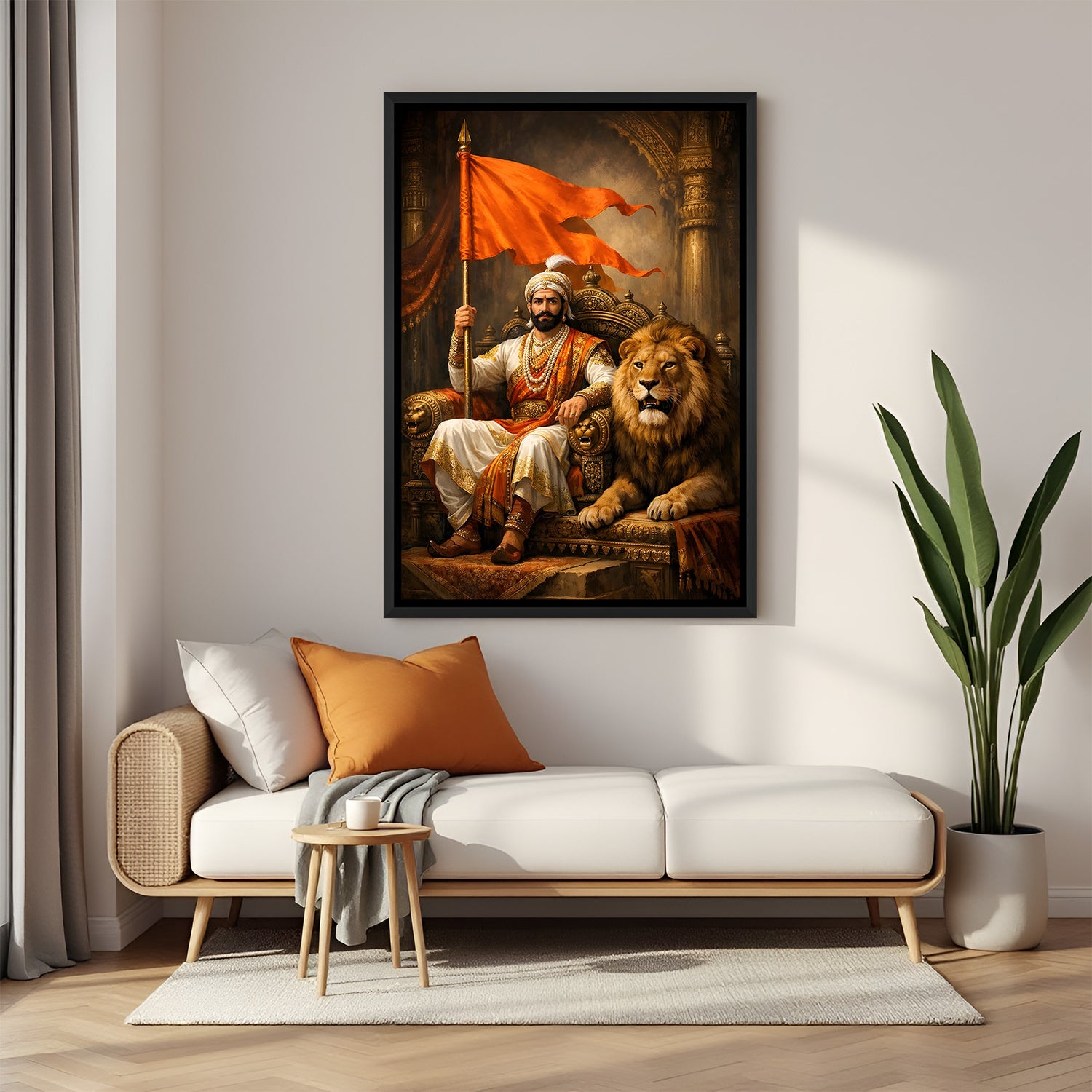 Chhatrapati Shivaji Maharaj with tiger and orange Bhagwa flag wall art in elegant black floater frame