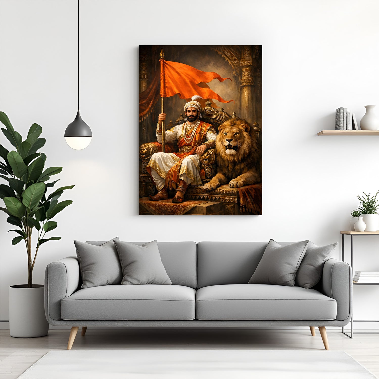Chhatrapati Shivaji Maharaj sitting with a tiger and holding a saffron Bhagwa flag canvas wall art in premium canvas wrapped frame