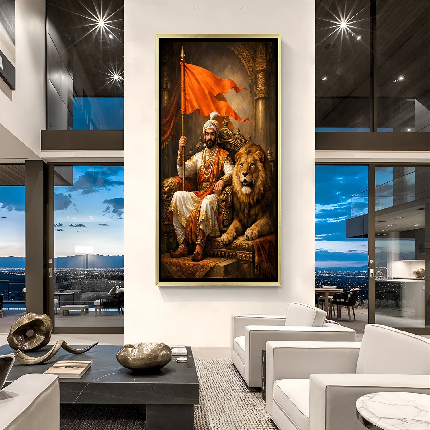 Chhatrapati Shivaji Maharaj artwork with tiger and saffron flag in luxury golden floater frame