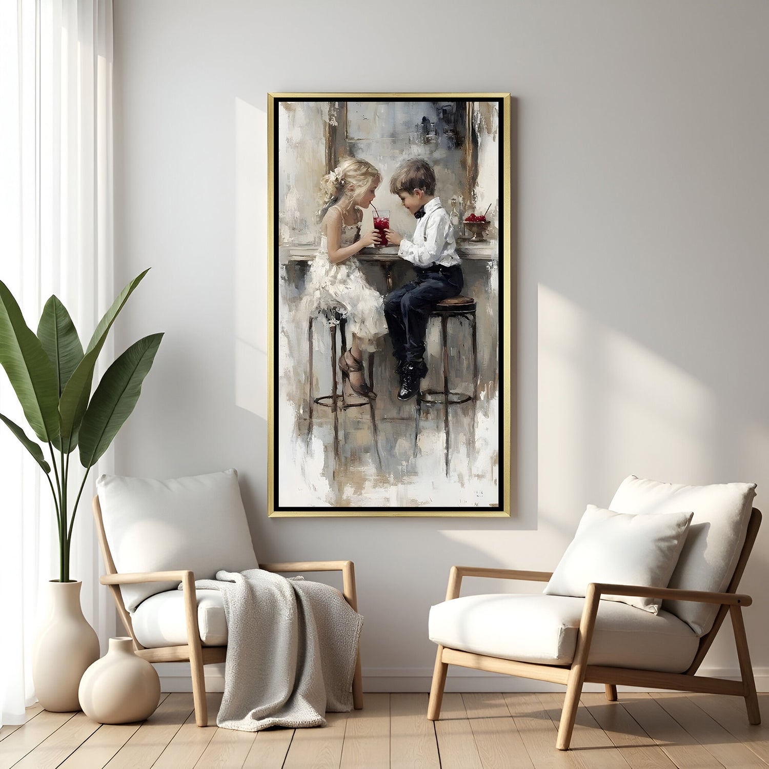 Cute modern canvas painting of children sitting on chair with juice in white floater frame for playful interiors