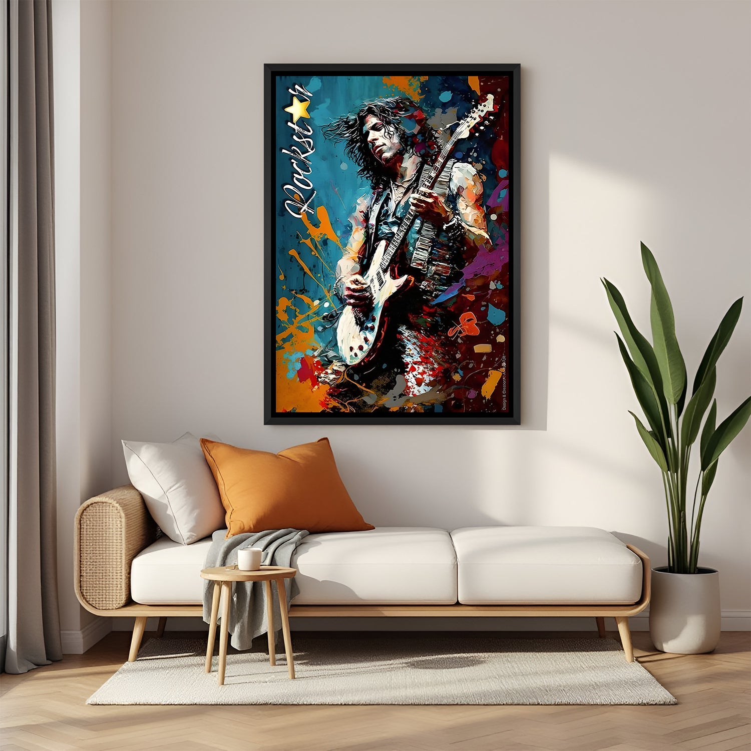Man playing guitar colorful modern canvas wall painting in black floater frame