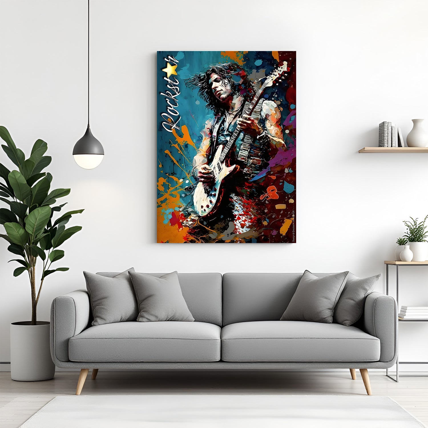 Colorful modern art canvas of a man playing guitar in expressive painted style canvas wrapped frame