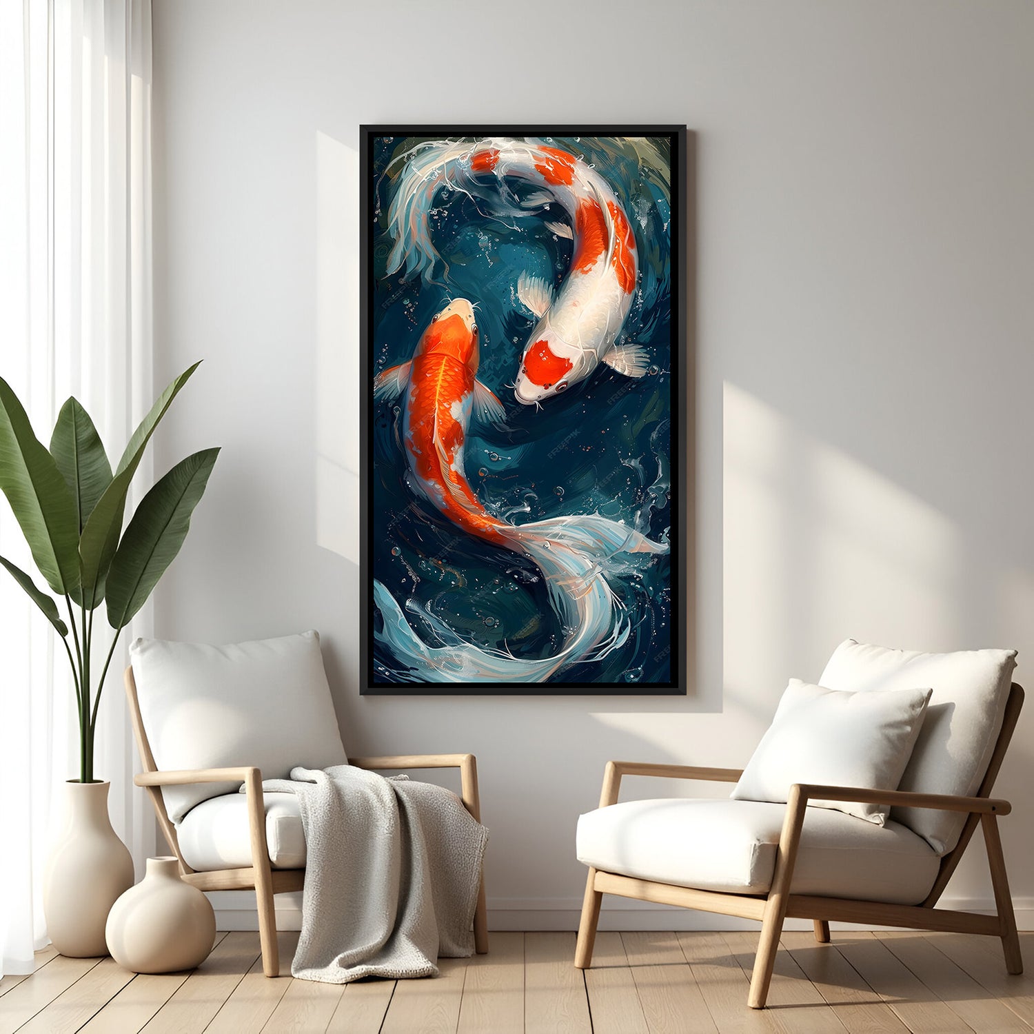 Orange and white twin koi fish artwork with yin yang symbolism in elegant black floater frame