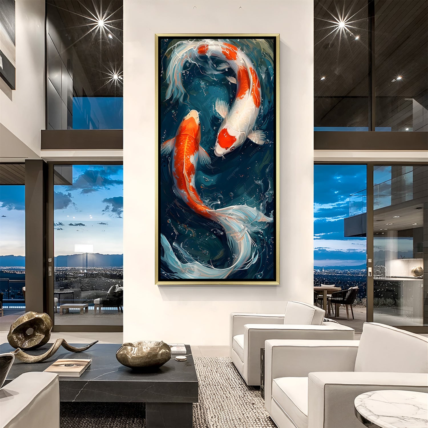 Circle of Prosperity Yin Yang Koi artwork in luxury golden floater frame featuring two fish in circular motion