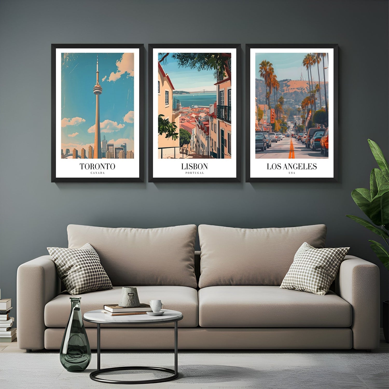 Set of 3 canvas prints featuring city views of Toronto, Lisbon, and Los Angeles with bold text overlays – perfect for travel lovers and modern decor
