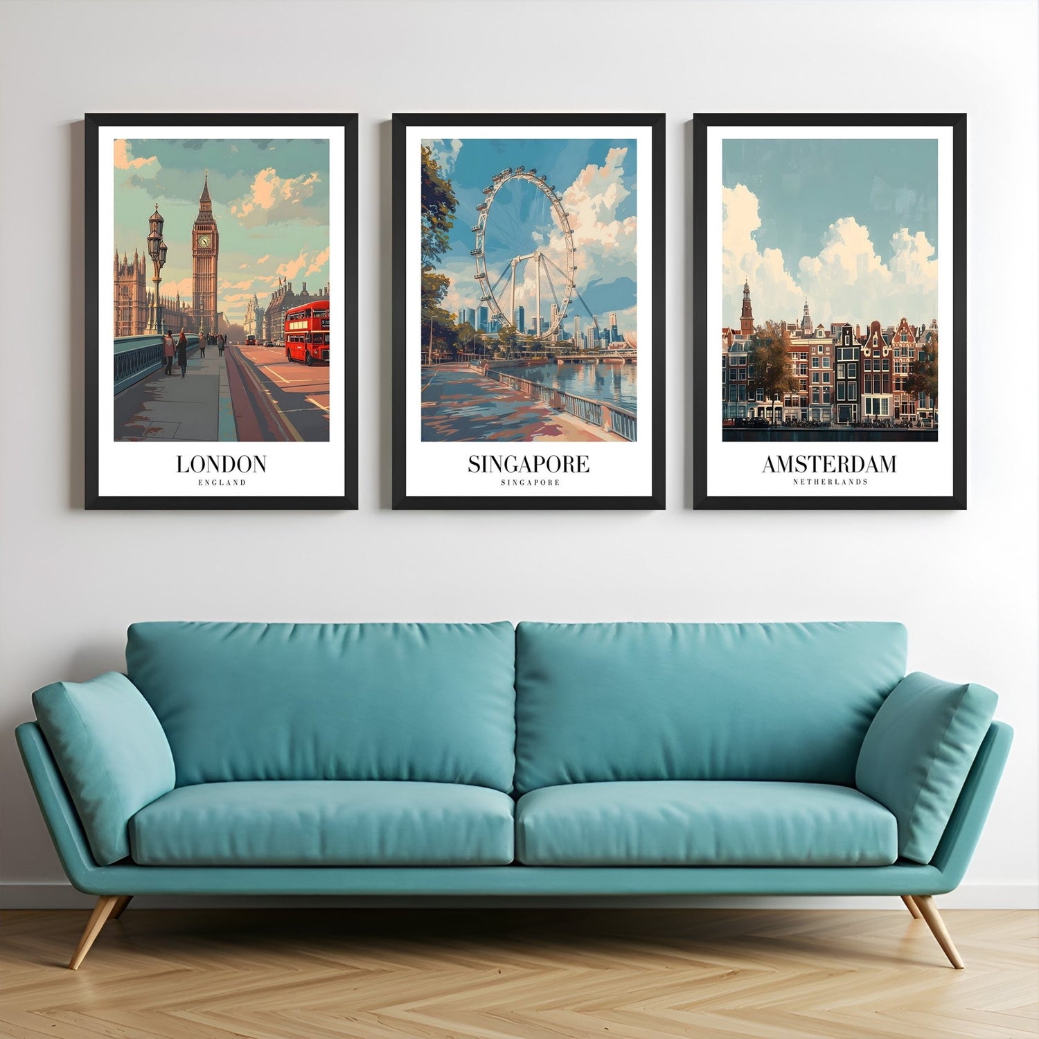 Canvas wall art set featuring city names London, Singapore, and Amsterdam in a modern, minimalist style – perfect for urban travel-inspired interiors
