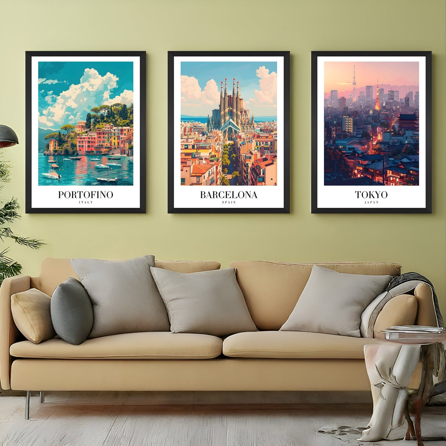 Set of 3 canvas wall art prints featuring scenic views of Portofino, Barcelona, and Tokyo with city names displayed below – modern and elegant travel decor