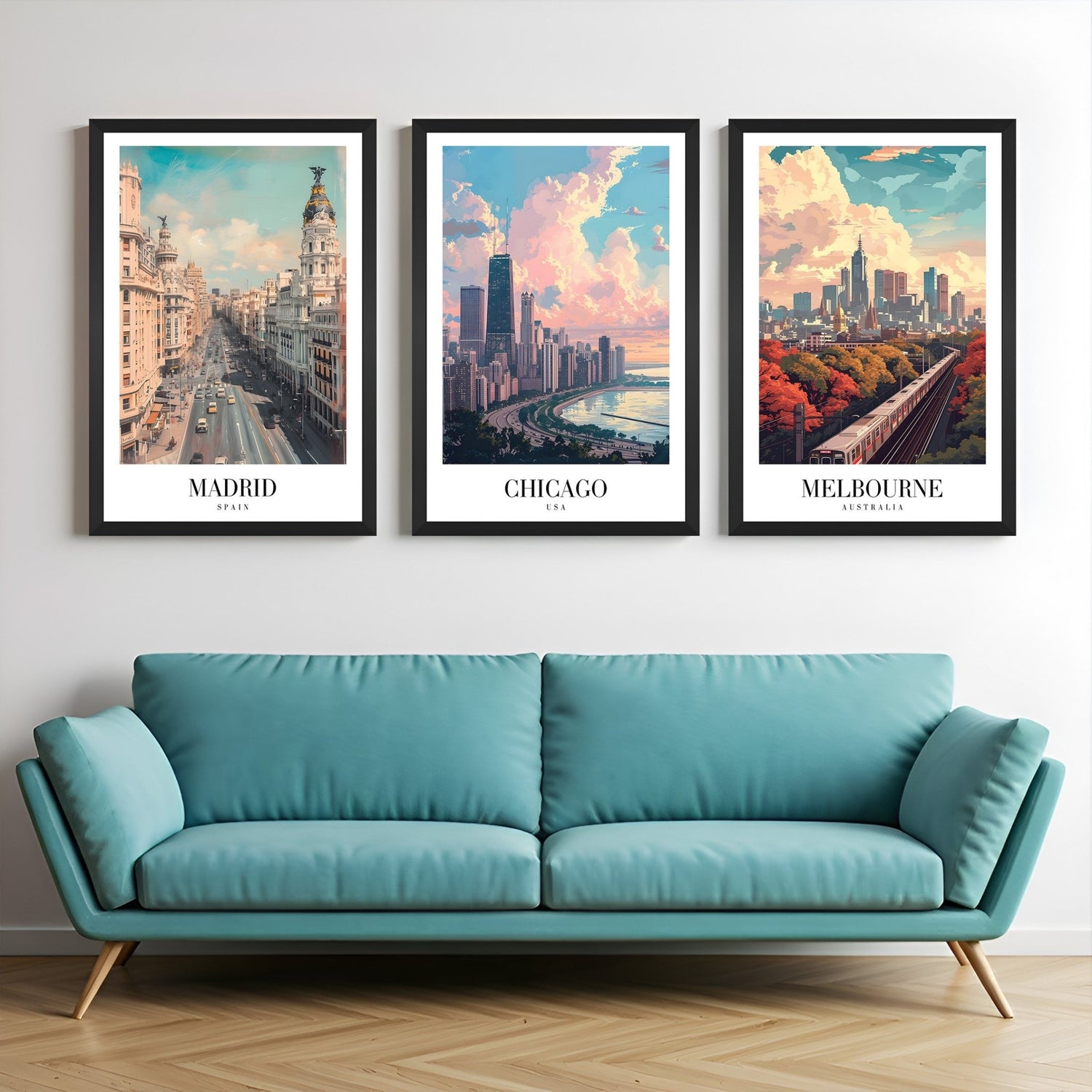Set of 3 wall art prints with scenic views of Madrid, Chicago, and Melbourne, each with city name in modern typography – ideal for stylish travel decor
