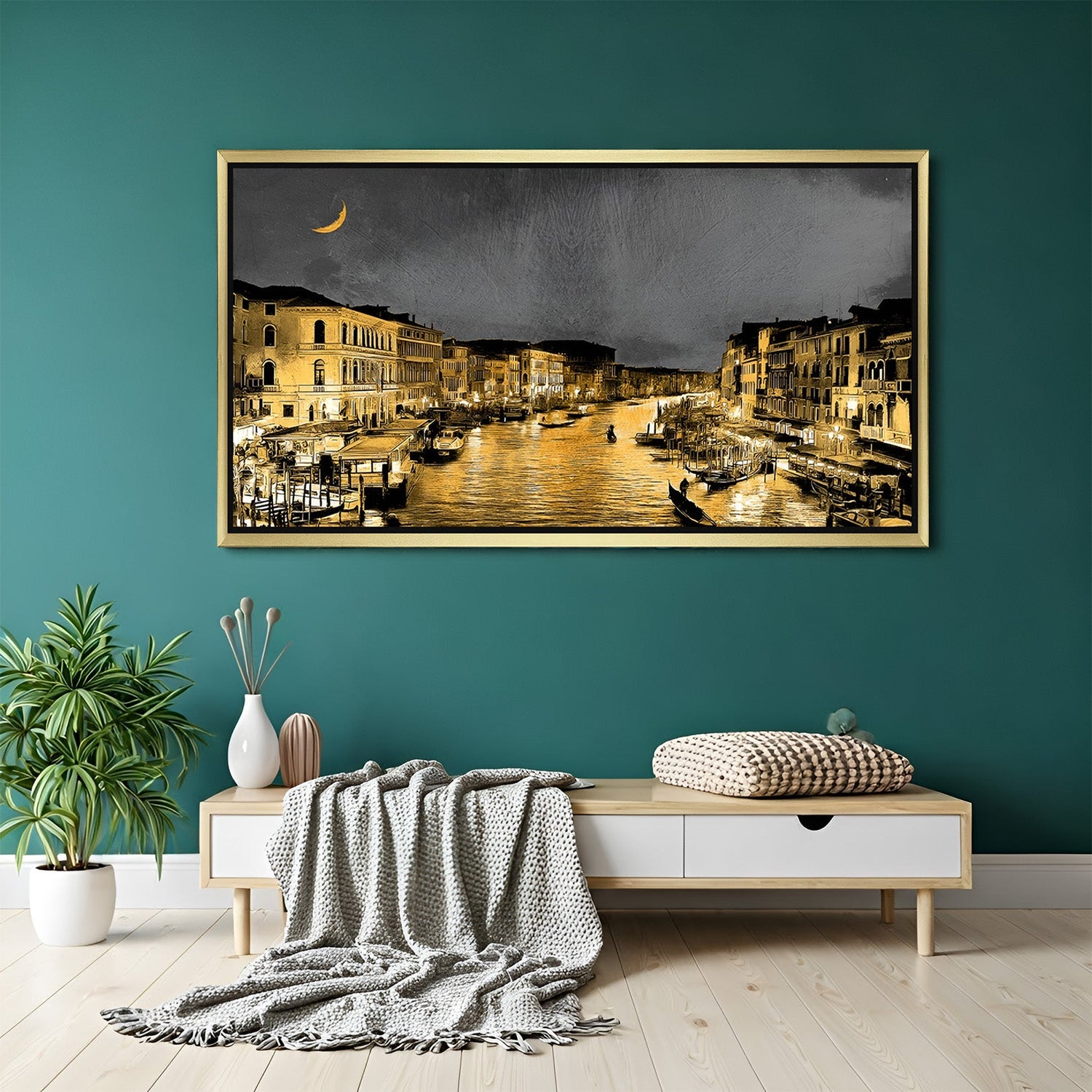 Golden frame abstract canvas showing nighttime city view – elegant cityscape painting with reflections, ideal for modern wall styling