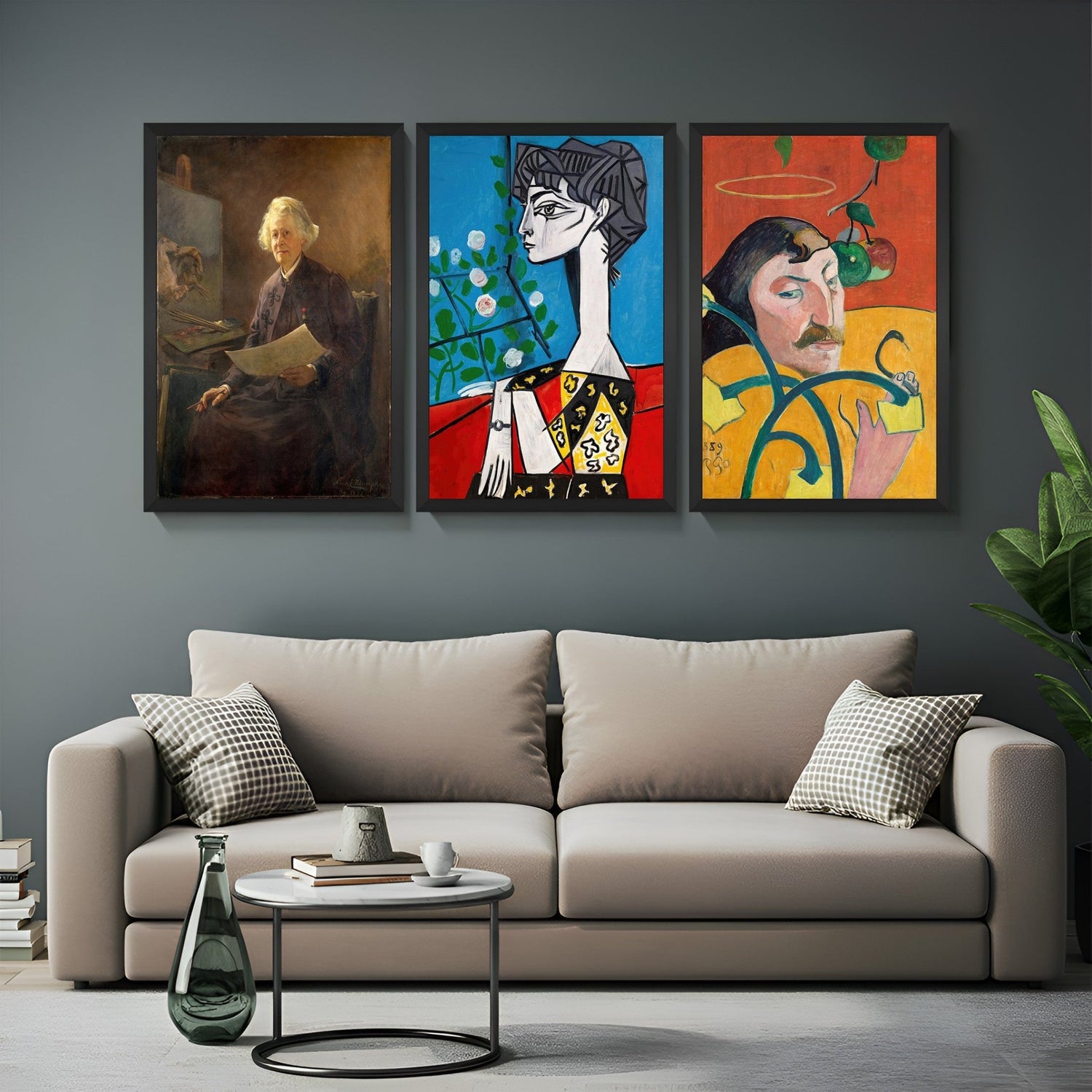 Wall display of a set of 3 canvas prints showing historical portraits by Klumpke, Picasso, and Gauguin – perfect for art-inspired, traditional or modern spaces