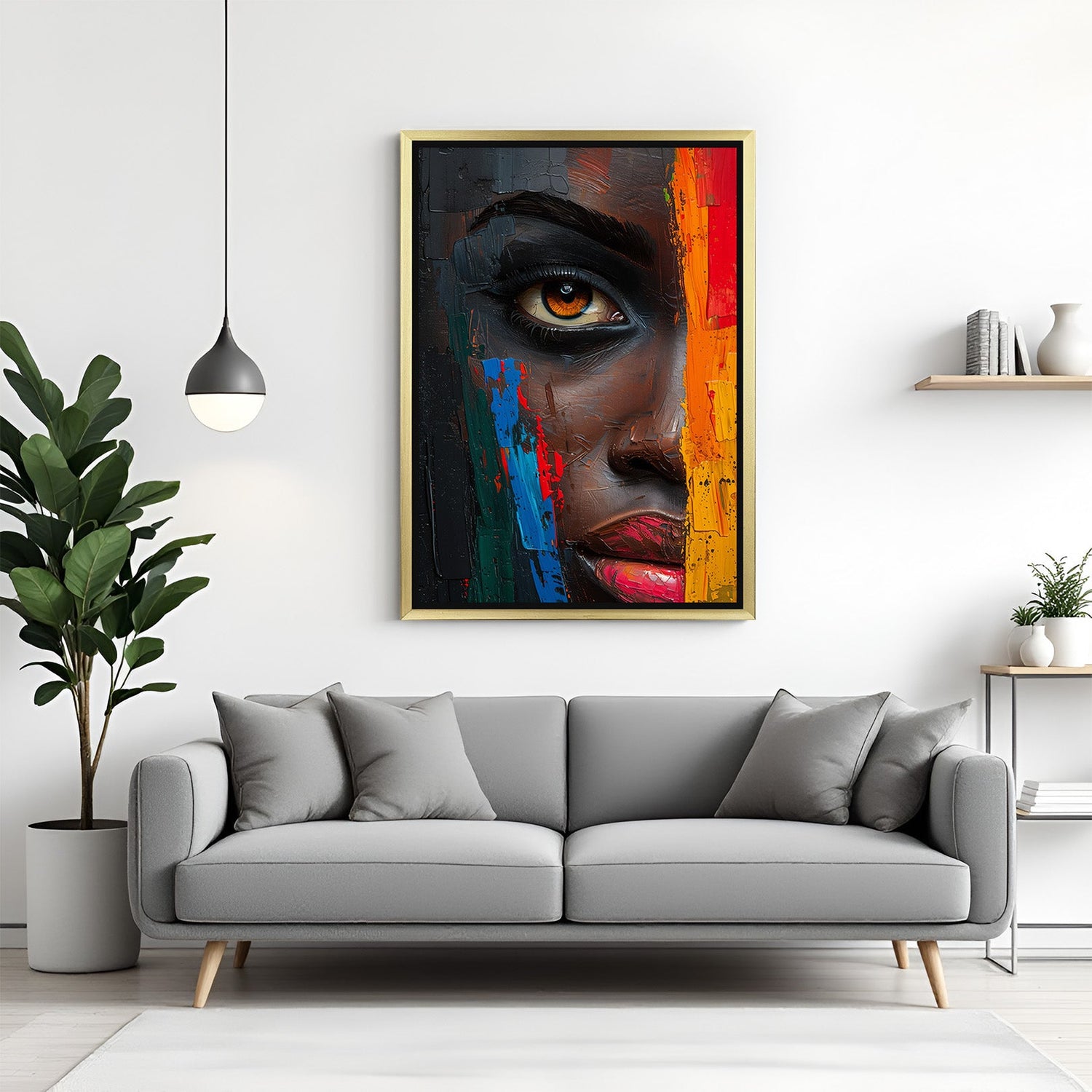 Golden-framed wall art featuring the intense close-up of an African girl's face, designed for elegant, Afrocentric interior settings