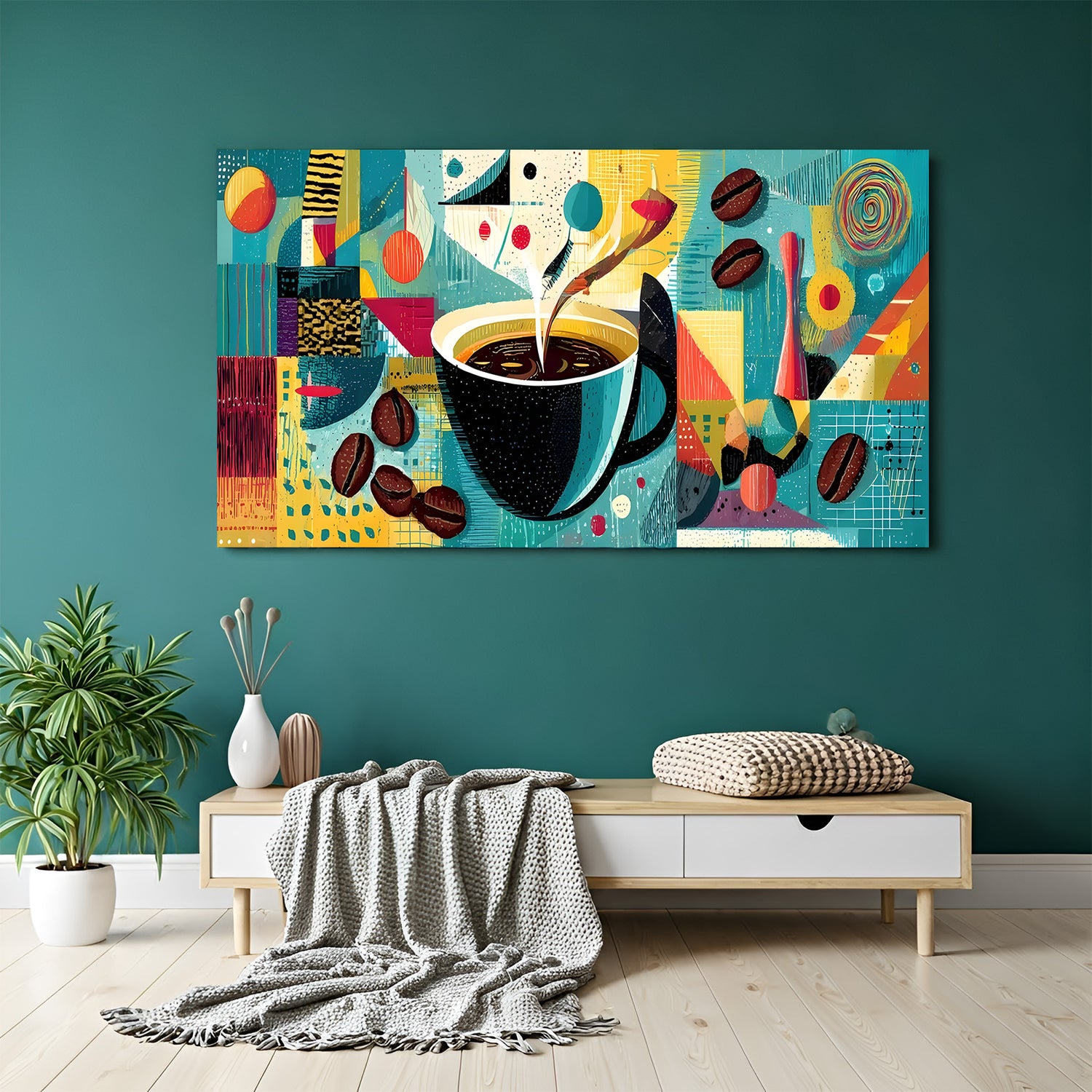 Coffee cup modern art canvas wall painting with coffee pouring into cup in premium canvas wrapped frame