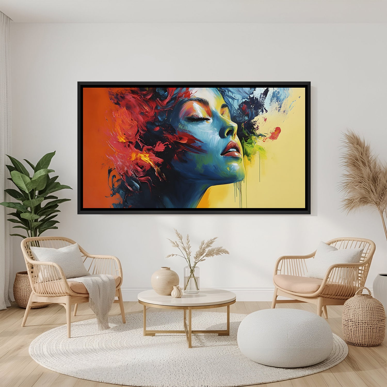 Abstract colorful woman face artwork in black floater frame with dramatic paint splashes and bold contemporary style.