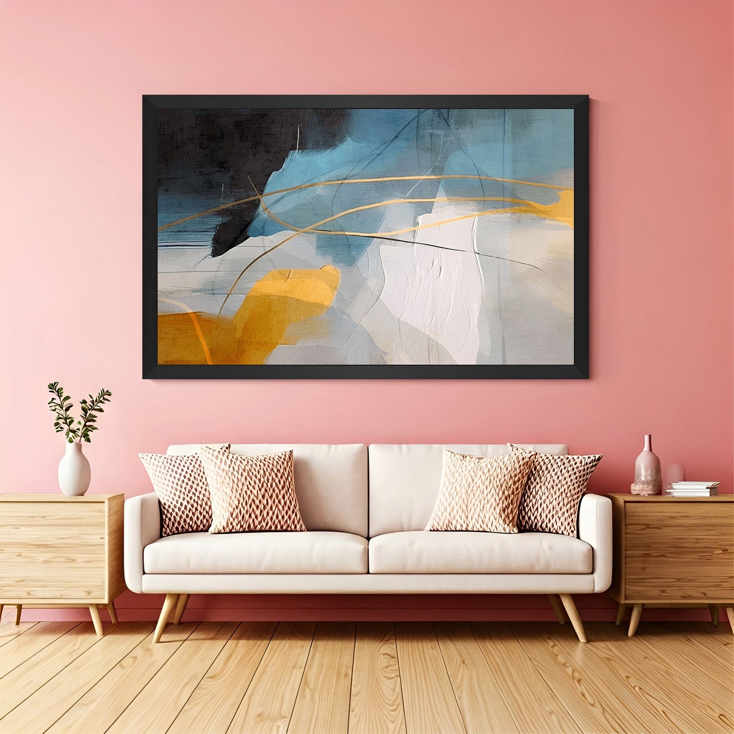 Black frame abstract color splash canvas – modern wall art with scattered brushstrokes in bold colors for stylish home decor