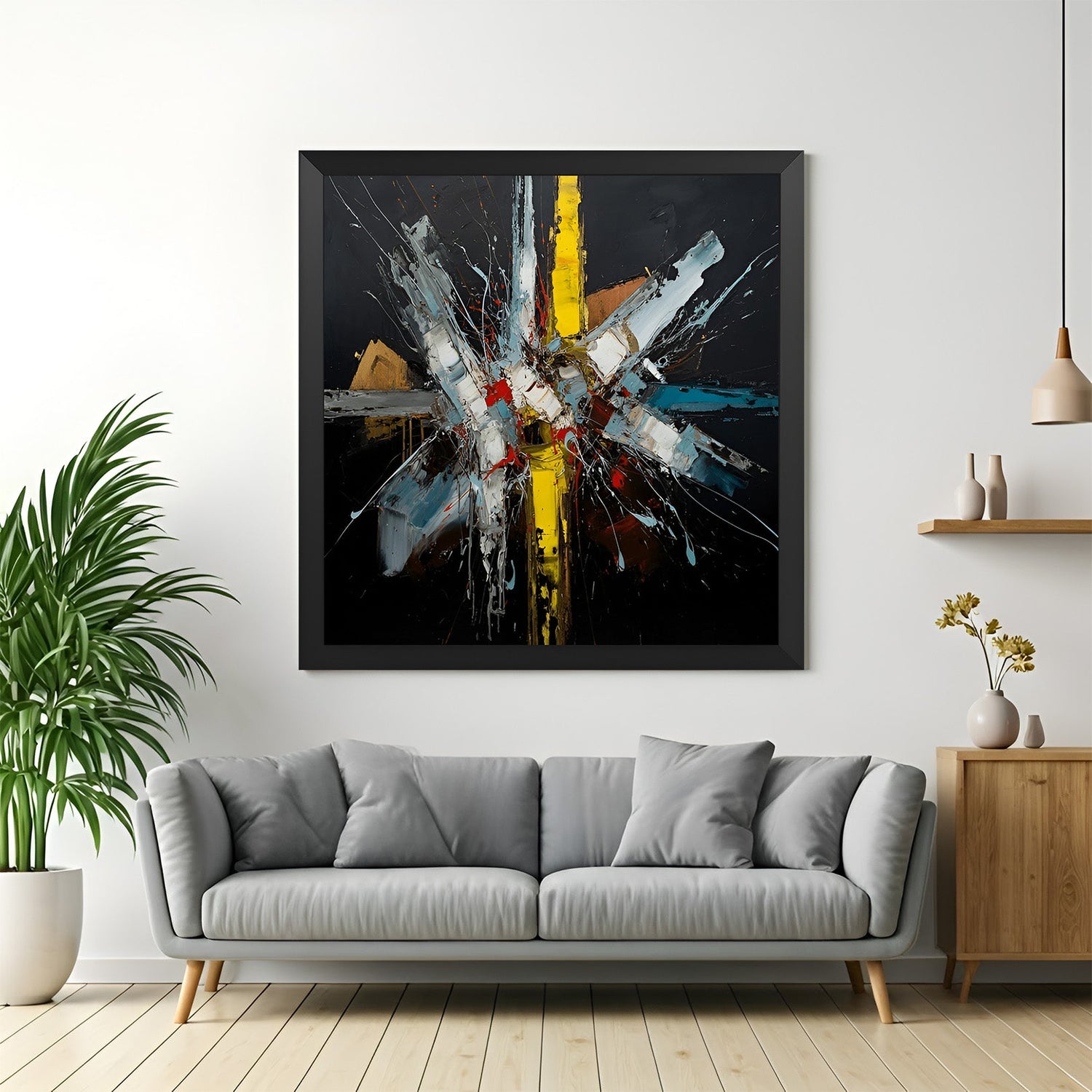 Black frame abstract canvas with colorful paint lines – splashed color art on black background for stylish interiors