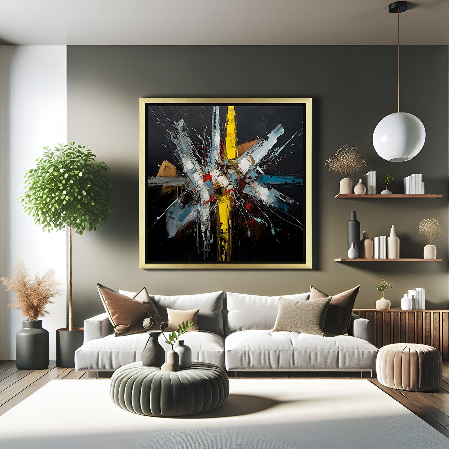 Golden frame abstract wall art with multicolor paint strokes – black canvas with line pattern for contemporary decor