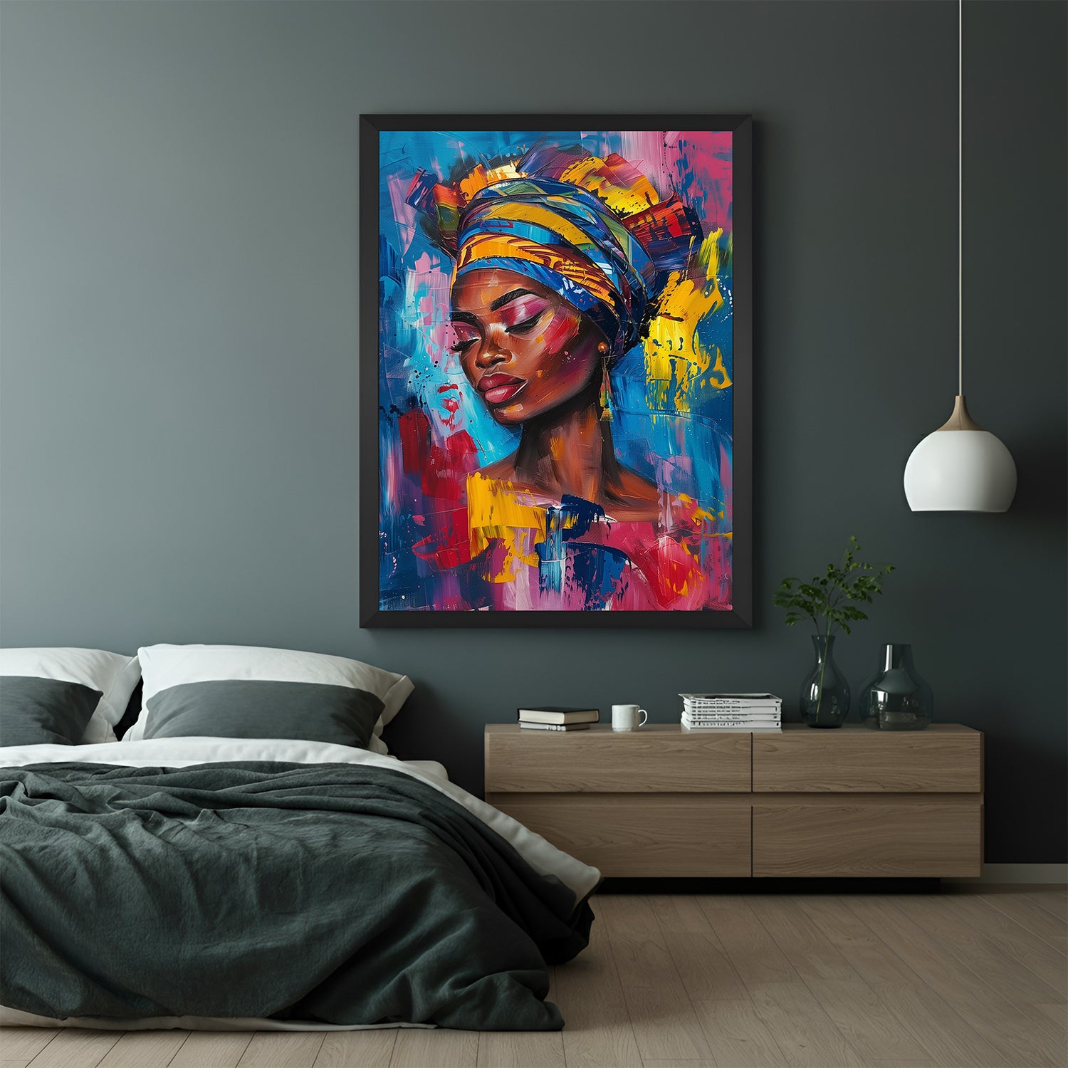 Framed canvas artwork of African women illustrated in abstract vibrant tones with ethnic fashion details, black frame for contemporary decor