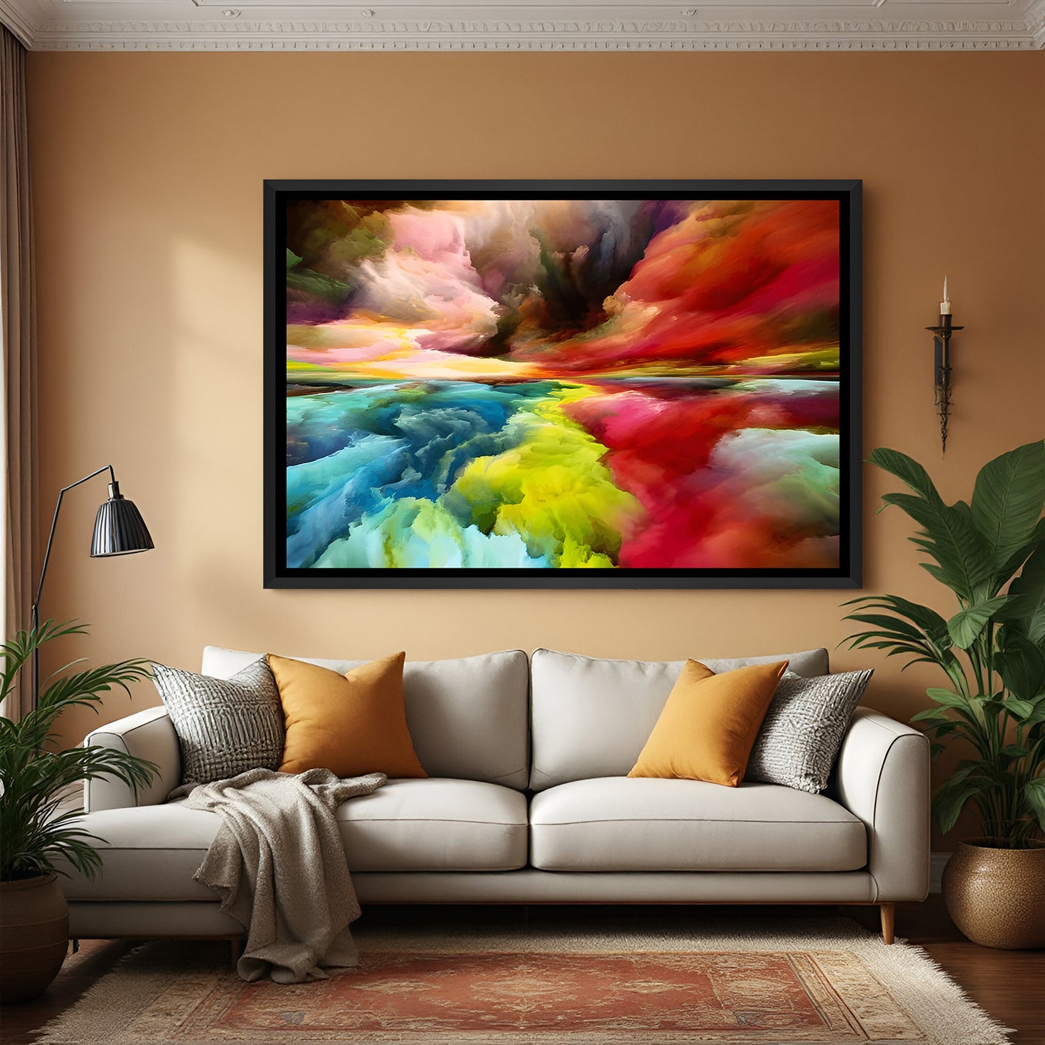 Bold multicolor abstract painting in black frame for contemporary and creative interiors