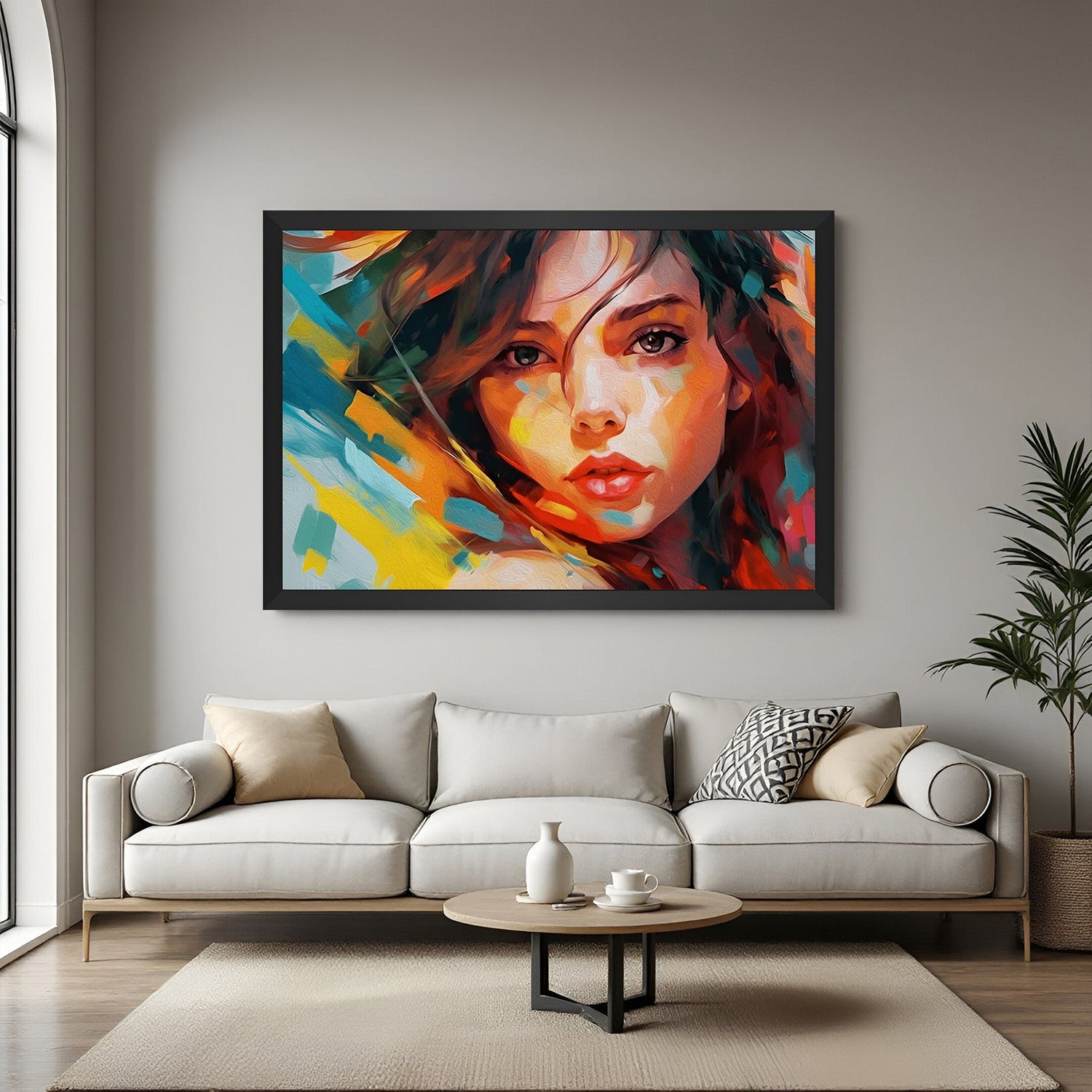 Beautiful female abstract wall painting in black floater frame – modern and colorful canvas art for stylish living rooms and bedroom walls