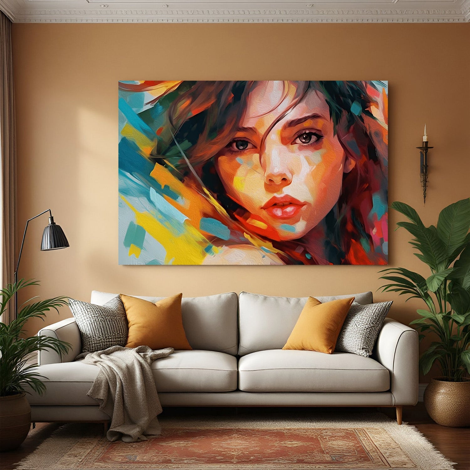 Colorful abstract canvas painting of a beautiful female face – vibrant and expressive wall art for modern home interiors and artistic decor