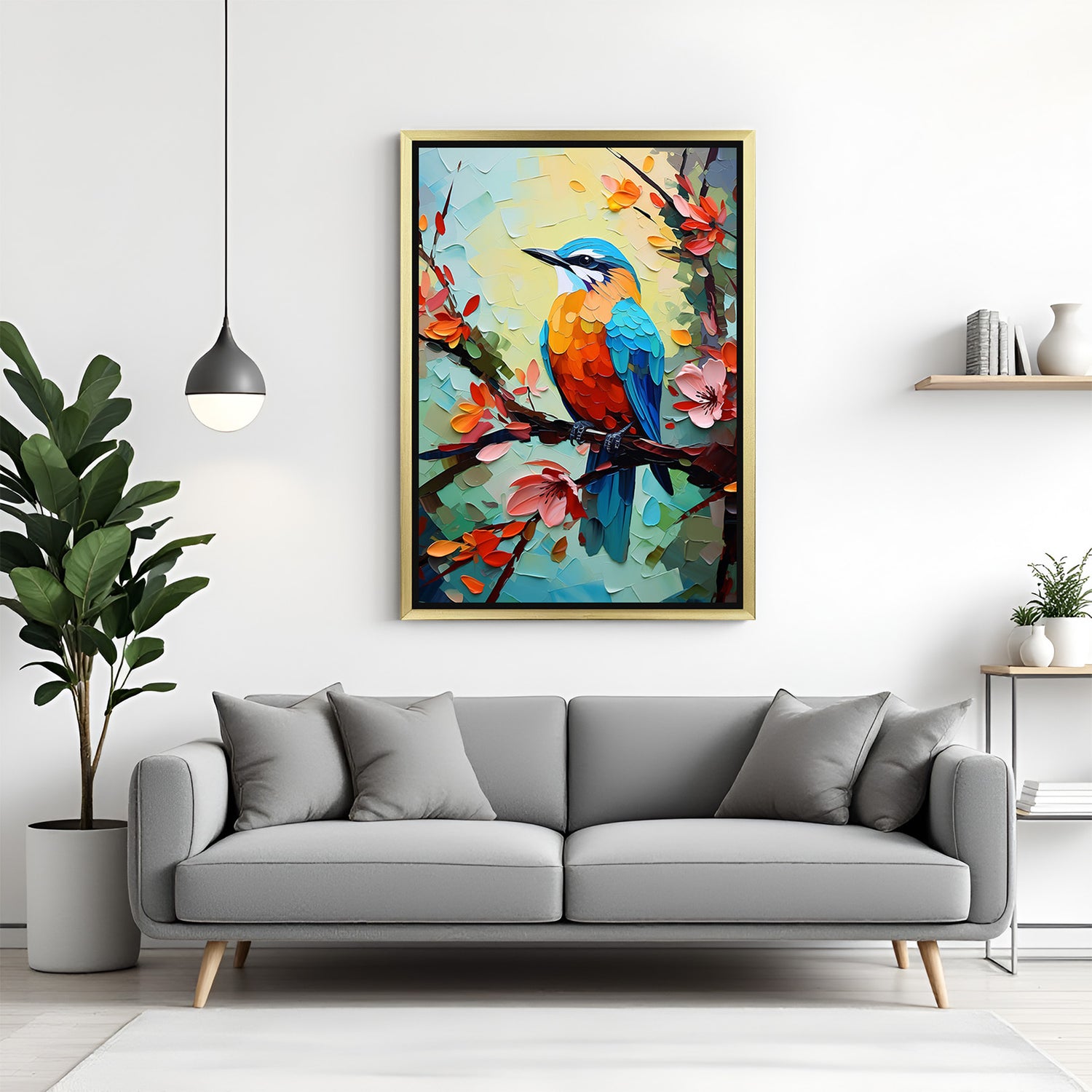 Colorful bird painting on canvas with golden floater frame, designed for uplifting nature-themed wall decor