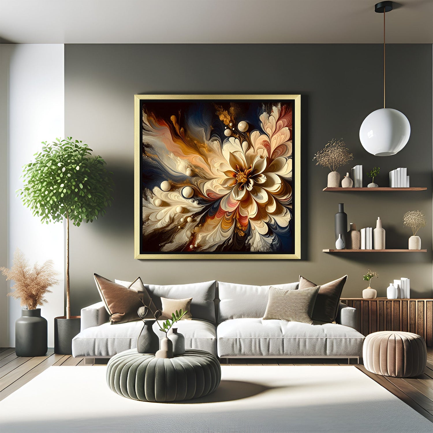 Golden-framed wall art featuring a multicolor flower burst on black canvas for artistic interiors
