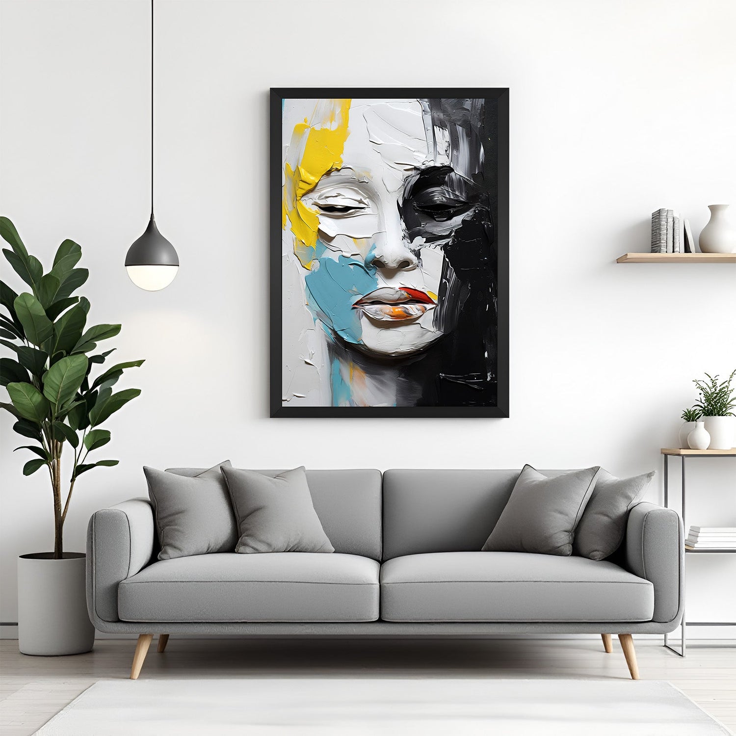 Black frame canvas of colorful abstract face painting – artistic wall art for bold, creative home interiors