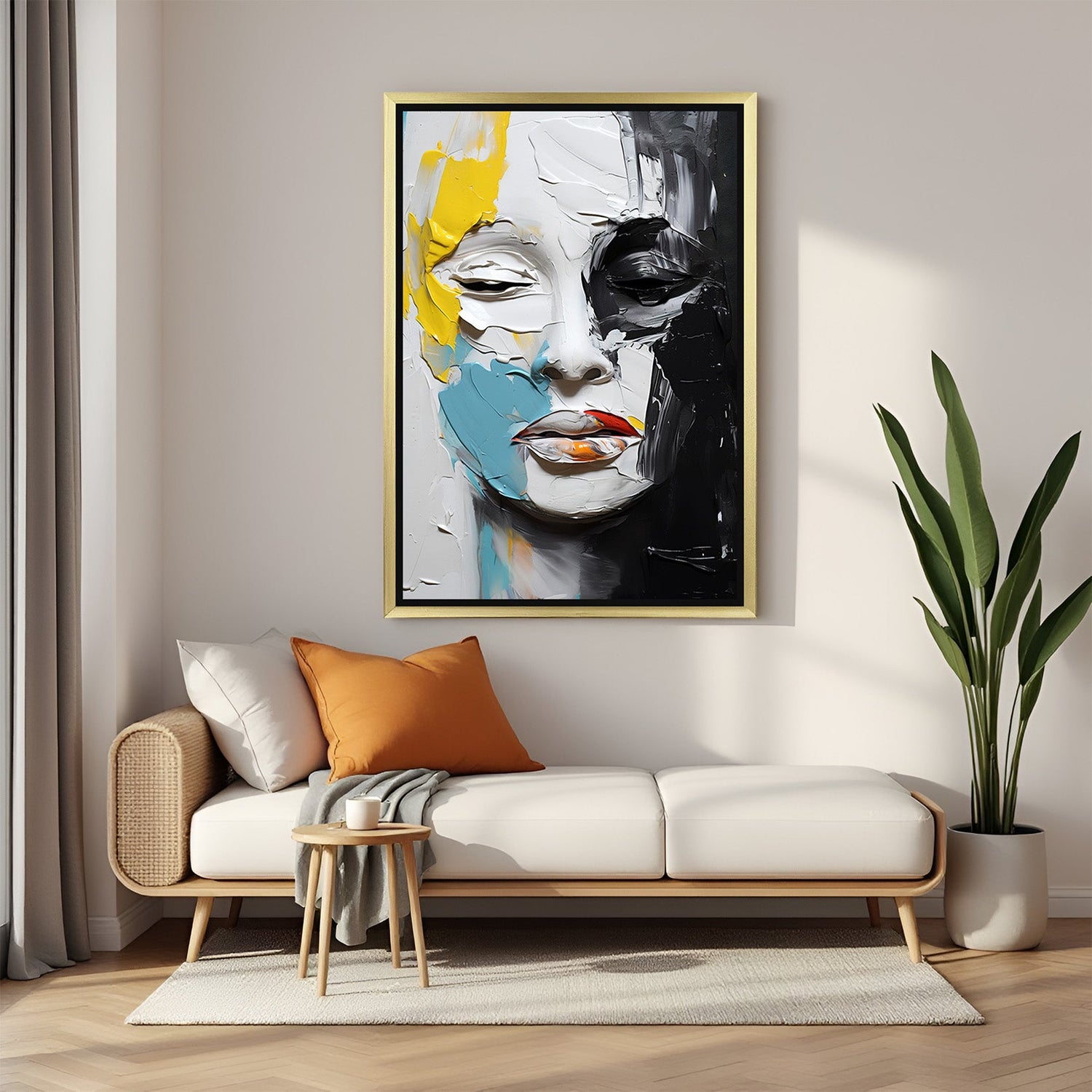 Golden frame abstract canvas featuring multi-colored painted face – expressive wall art for modern and stylish spaces