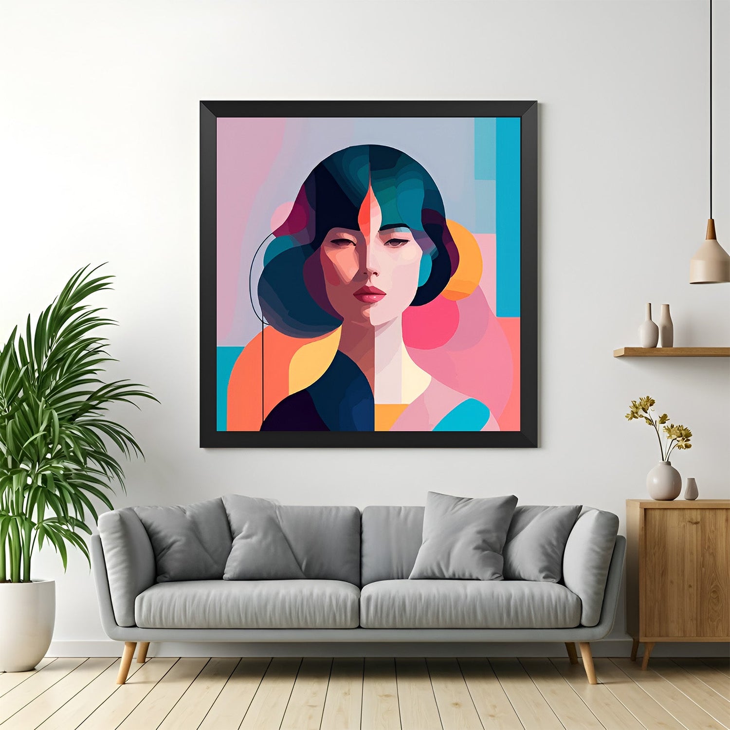 Black frame colorful female face canvas print – abstract woman portrait wall art in bold modern style
