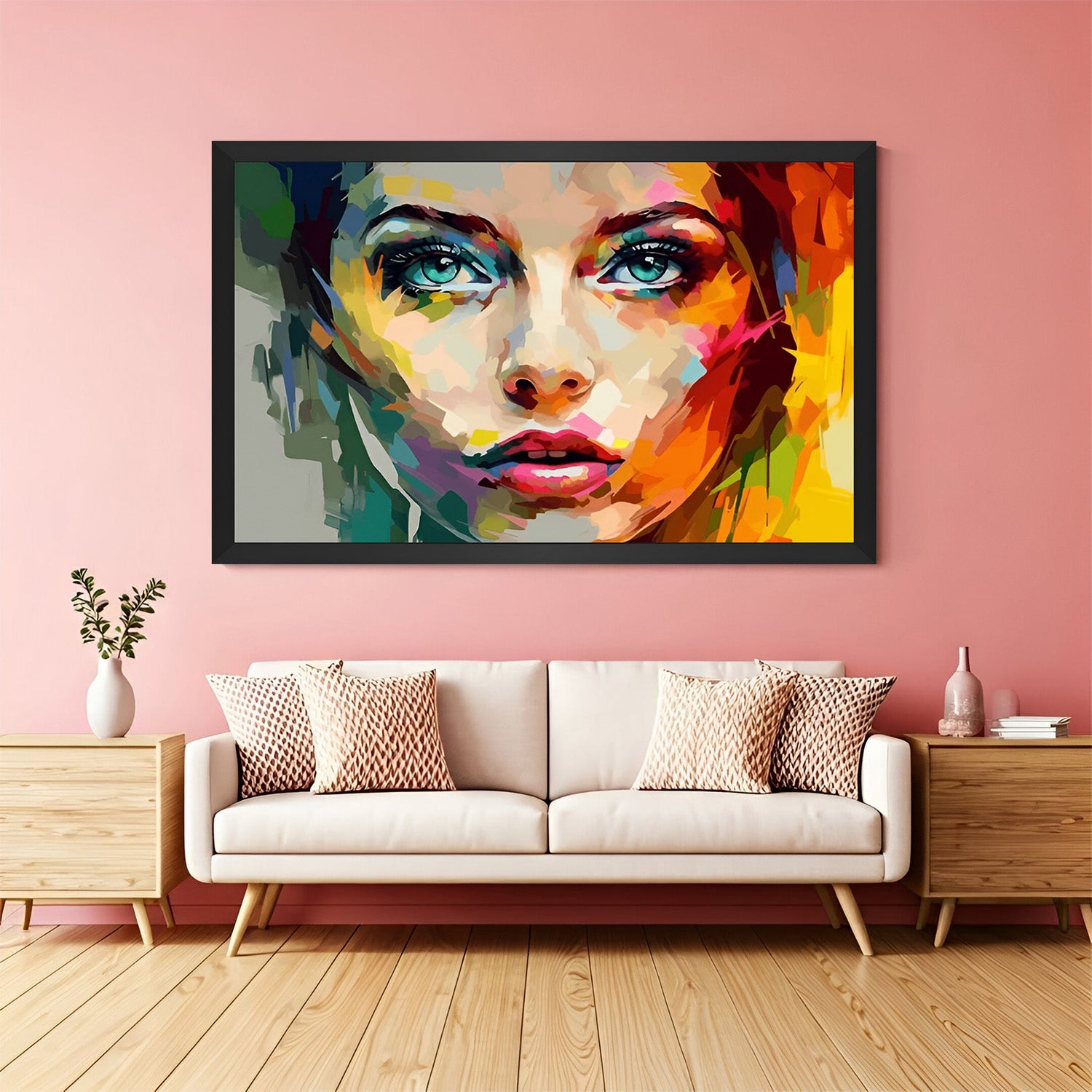 Abstract woman face painting in black floater frame – bold and colorful large canvas artwork for contemporary spaces and designer walls